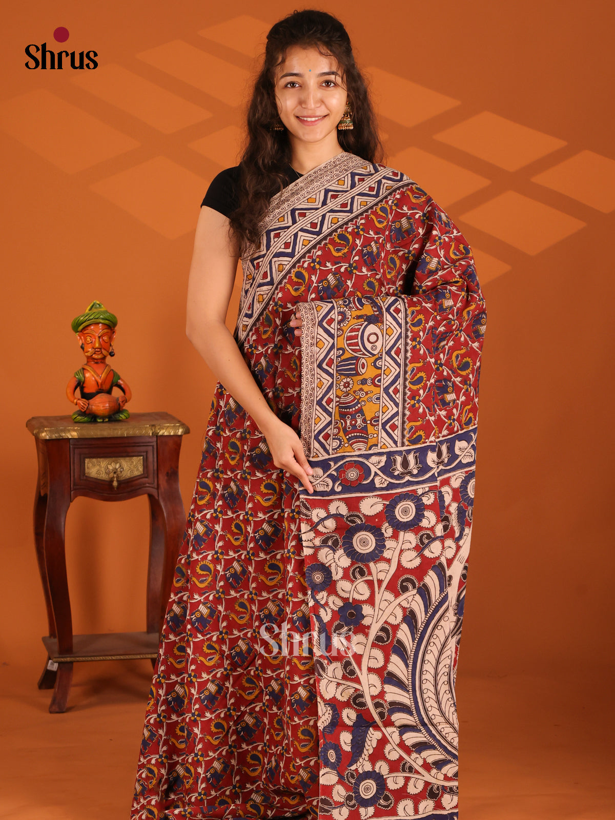 Red &  Cream - Kalamkari cotton saree - Shop on Shrus.com