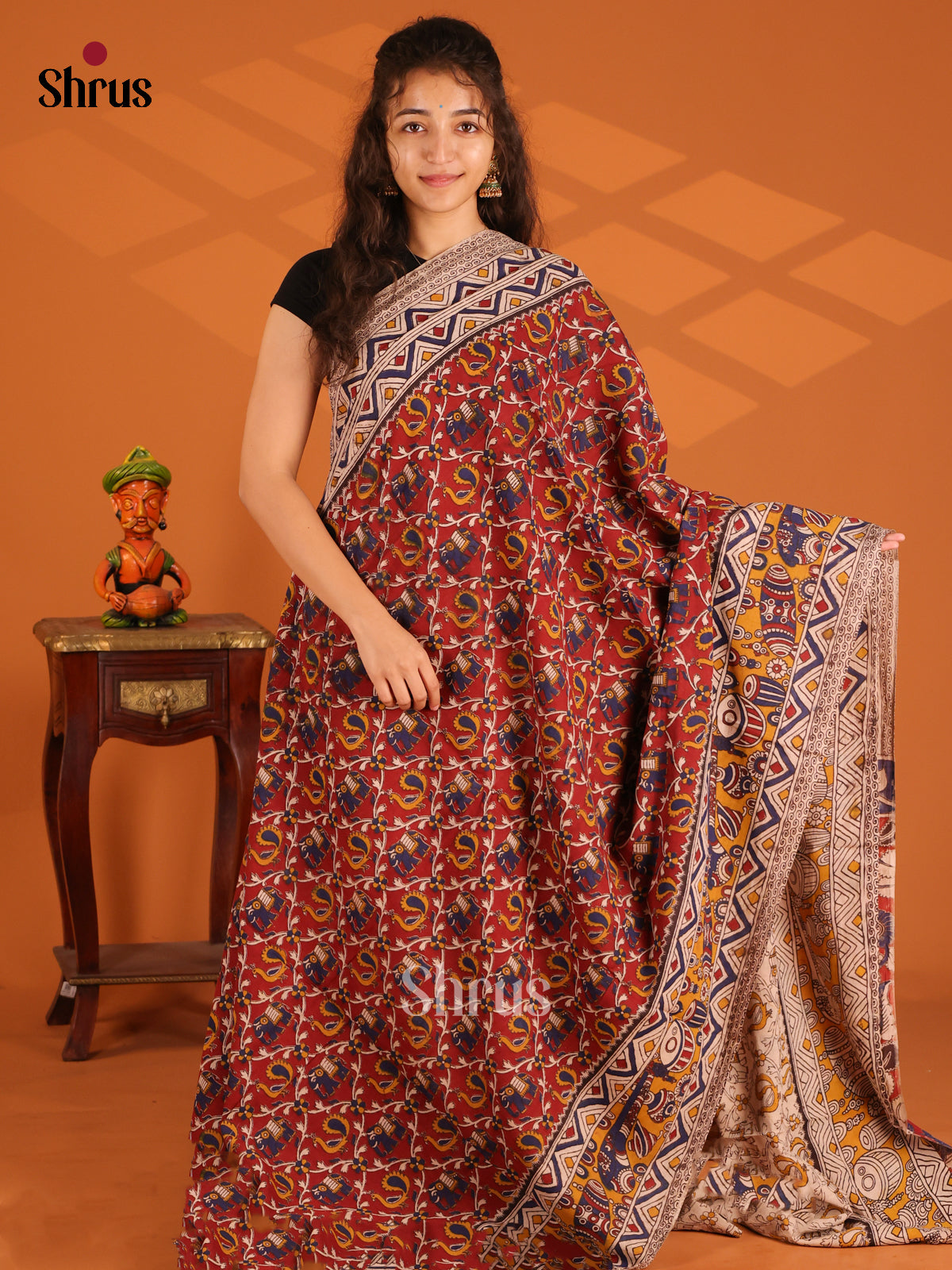 Red &  Cream - Kalamkari cotton saree - Shop on Shrus.com