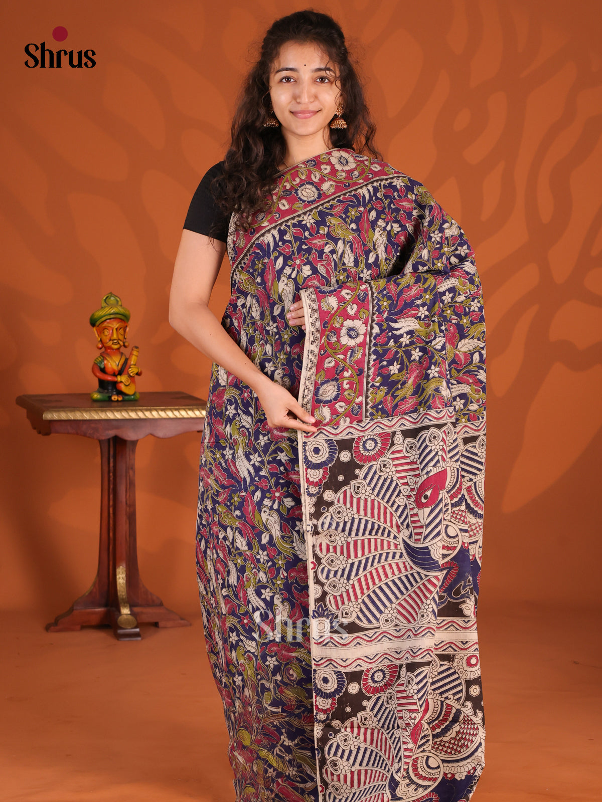 Blue &  Pink- kalamkari-cotton Saree - Shop on Shrus.com