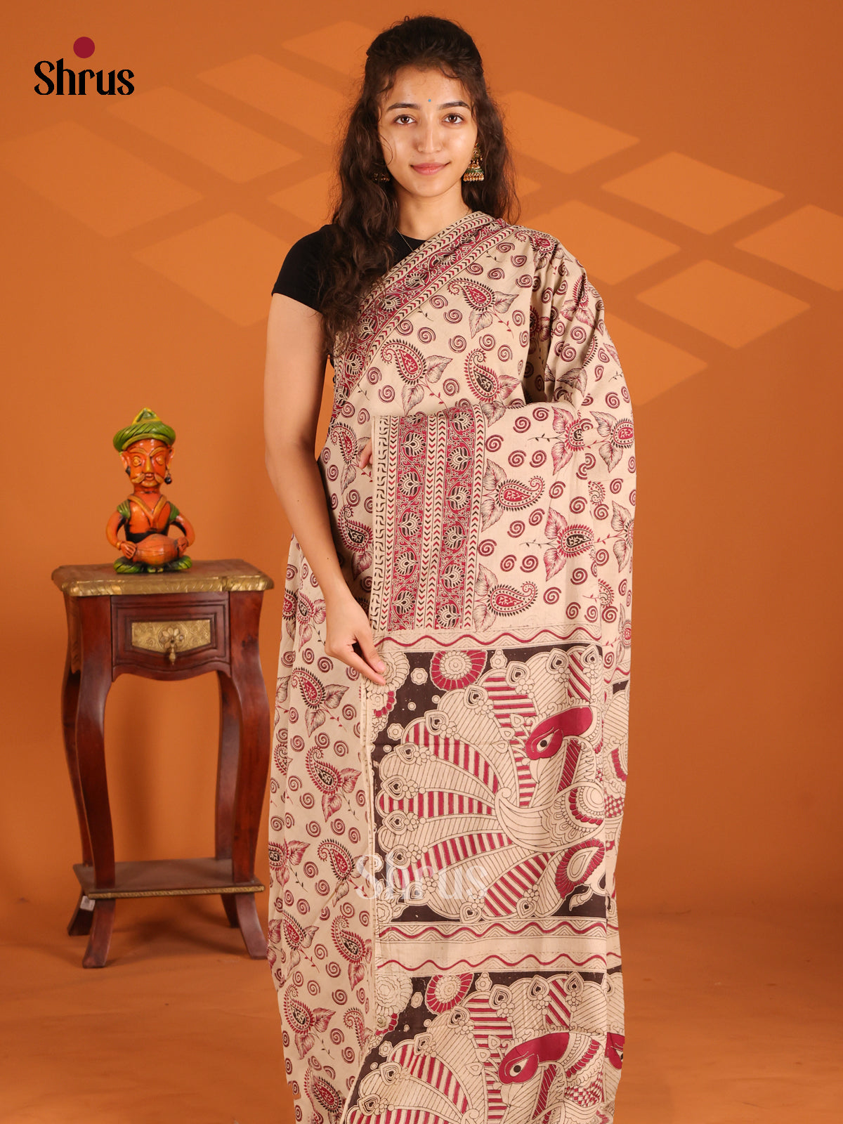 Cream & Red - Kalamkari cotton saree - Shop on Shrus.com