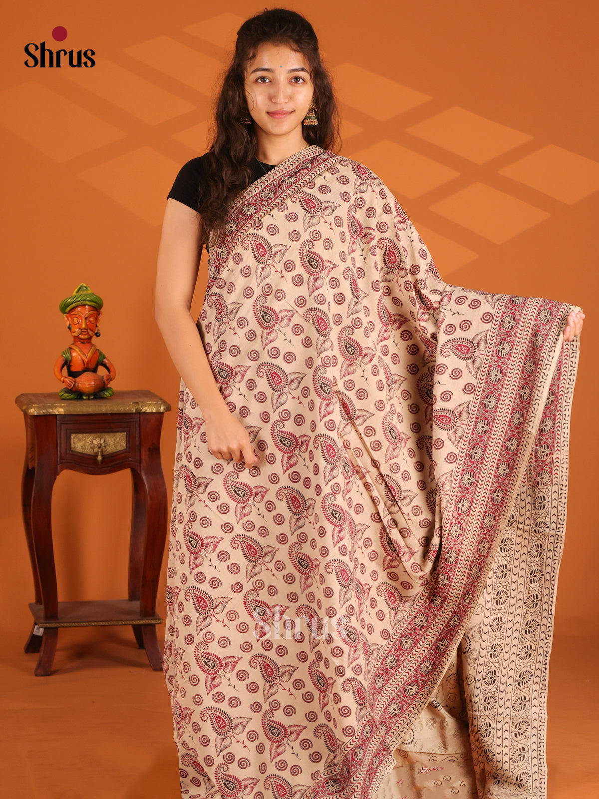 Cream & Red - Kalamkari cotton saree - Shop on Shrus.com