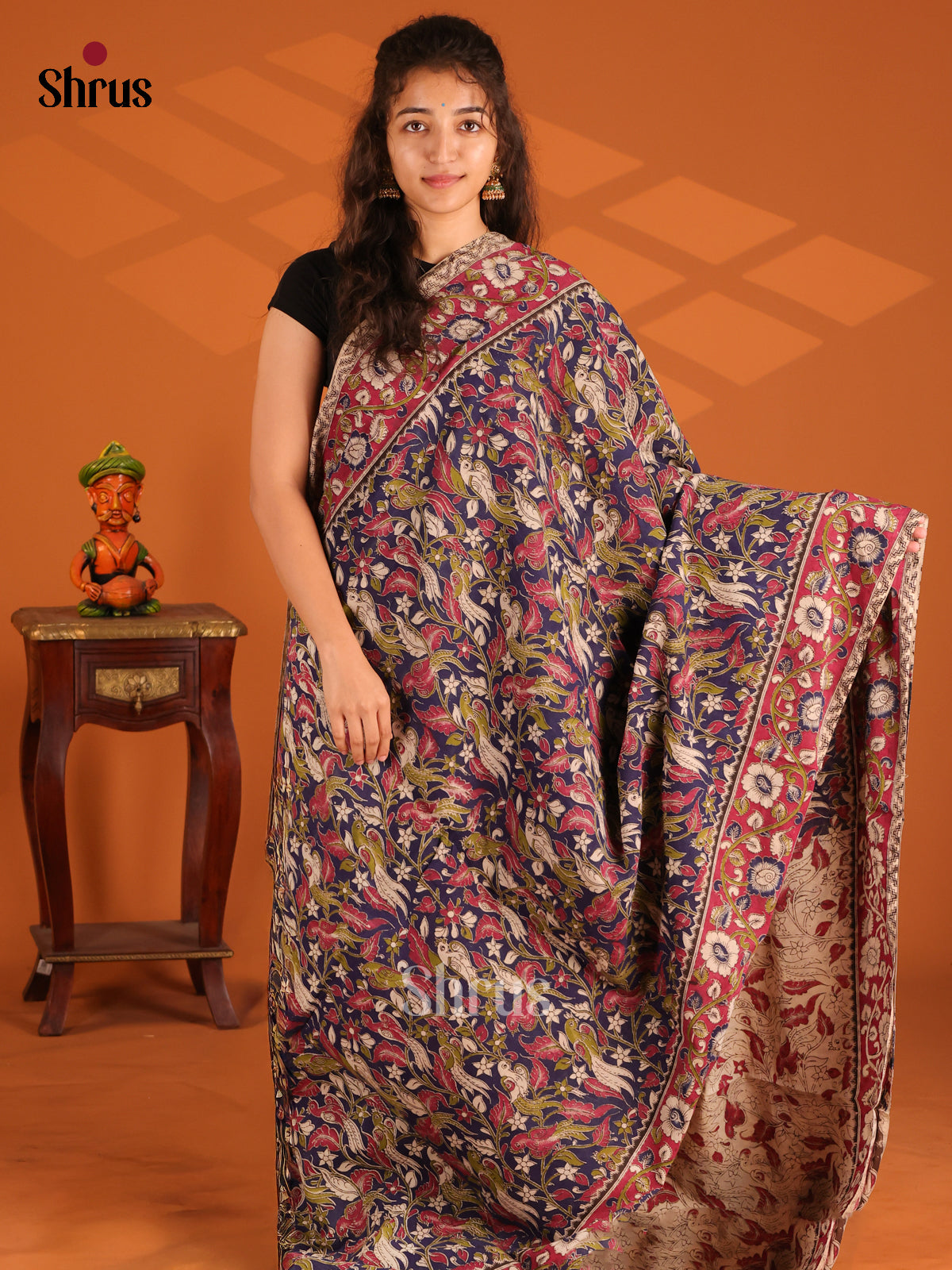 Blue with Red - Kalamkari cotton saree - Shop on Shrus.com