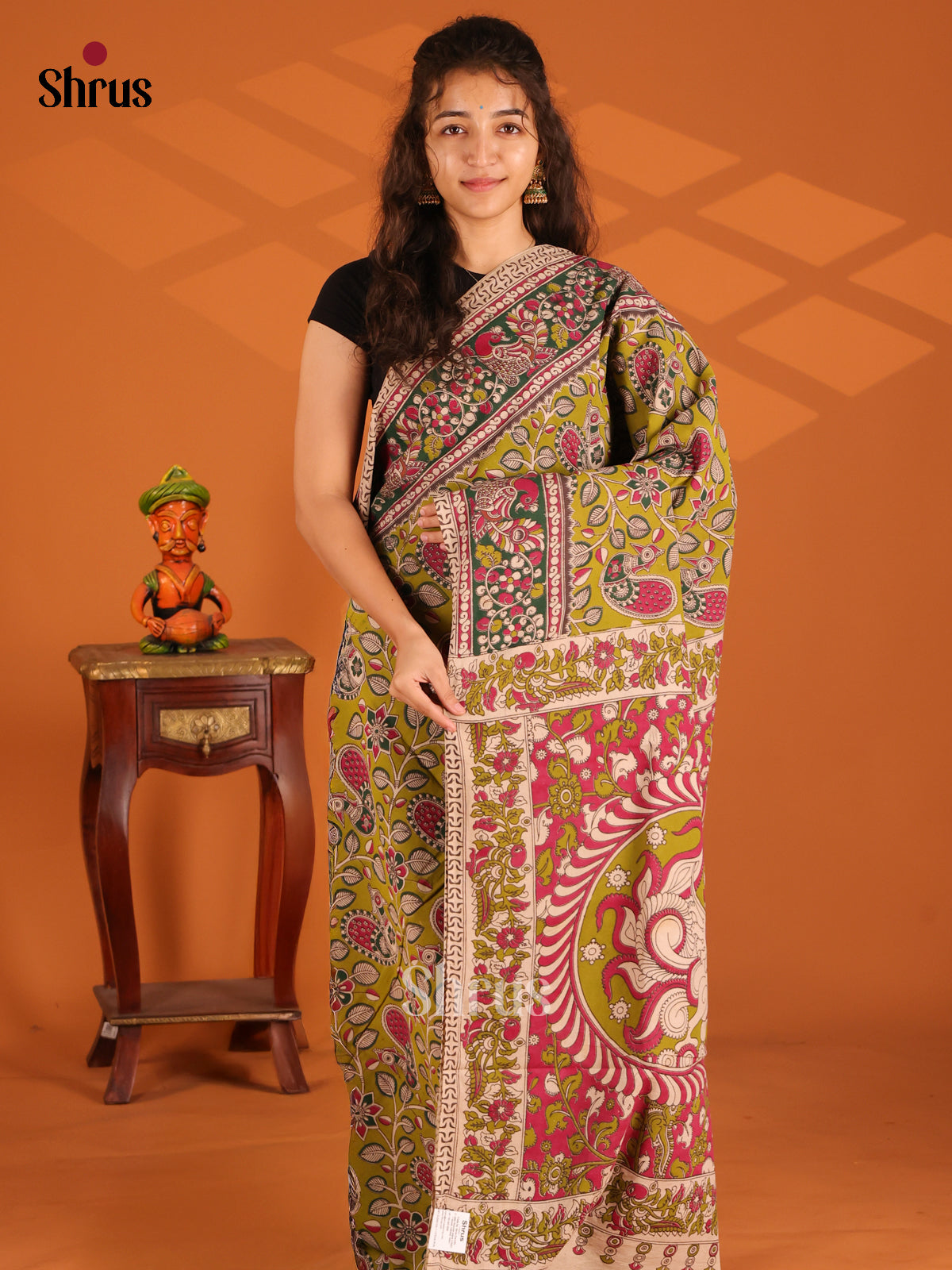 Green & Pink - Kalamkari cotton saree - Shop on Shrus.com