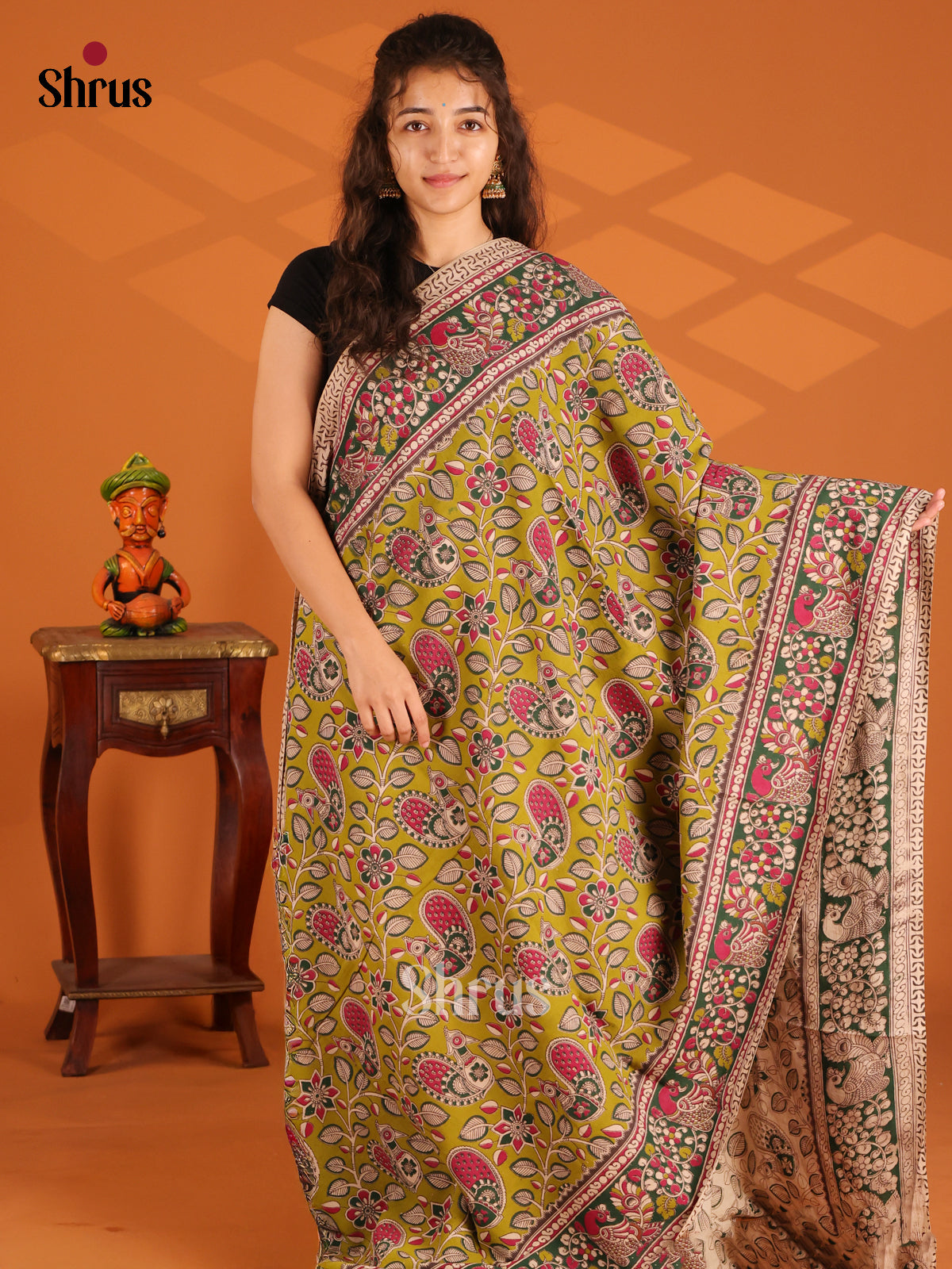 Green & Pink - Kalamkari cotton saree - Shop on Shrus.com