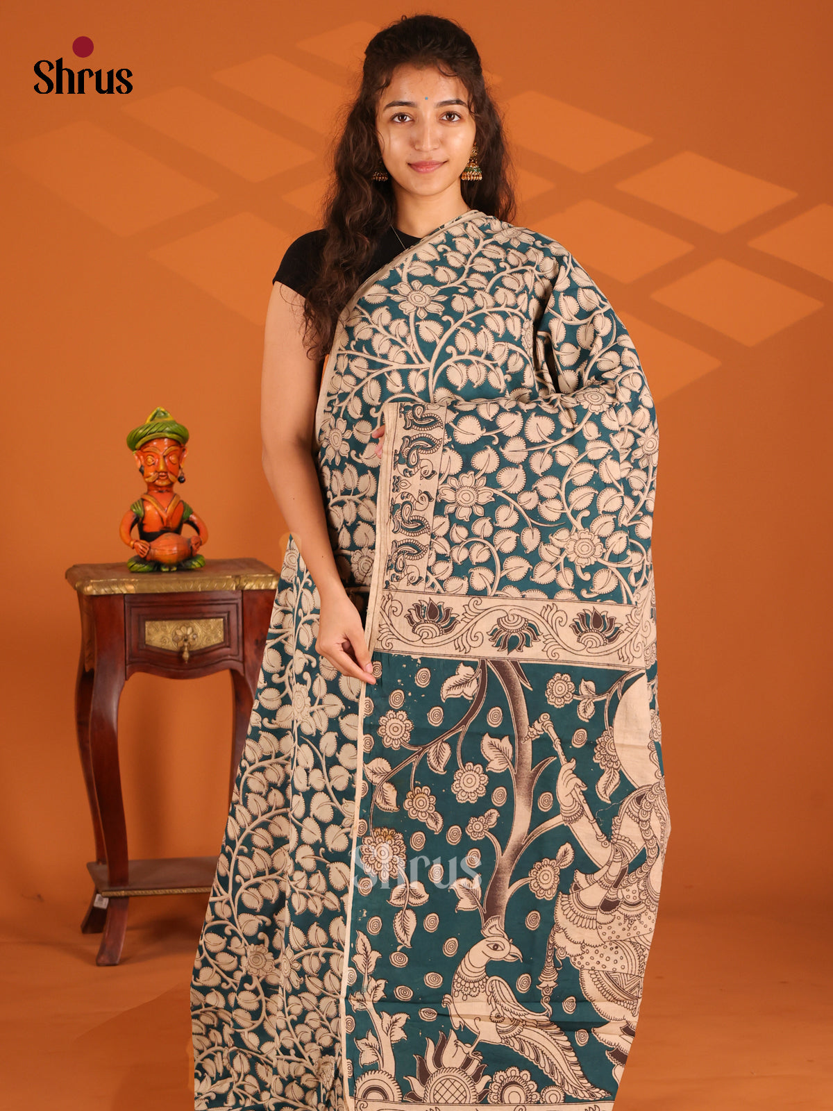 Blue & Cream - Kalamkari cotton saree - Shop on Shrus.com