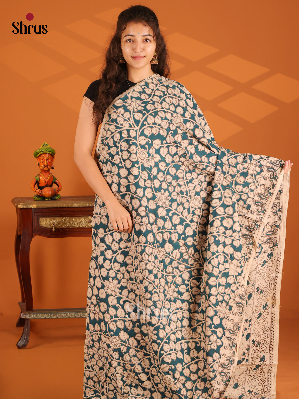 Blue & Cream - Kalamkari cotton saree - Shop on Shrus.com