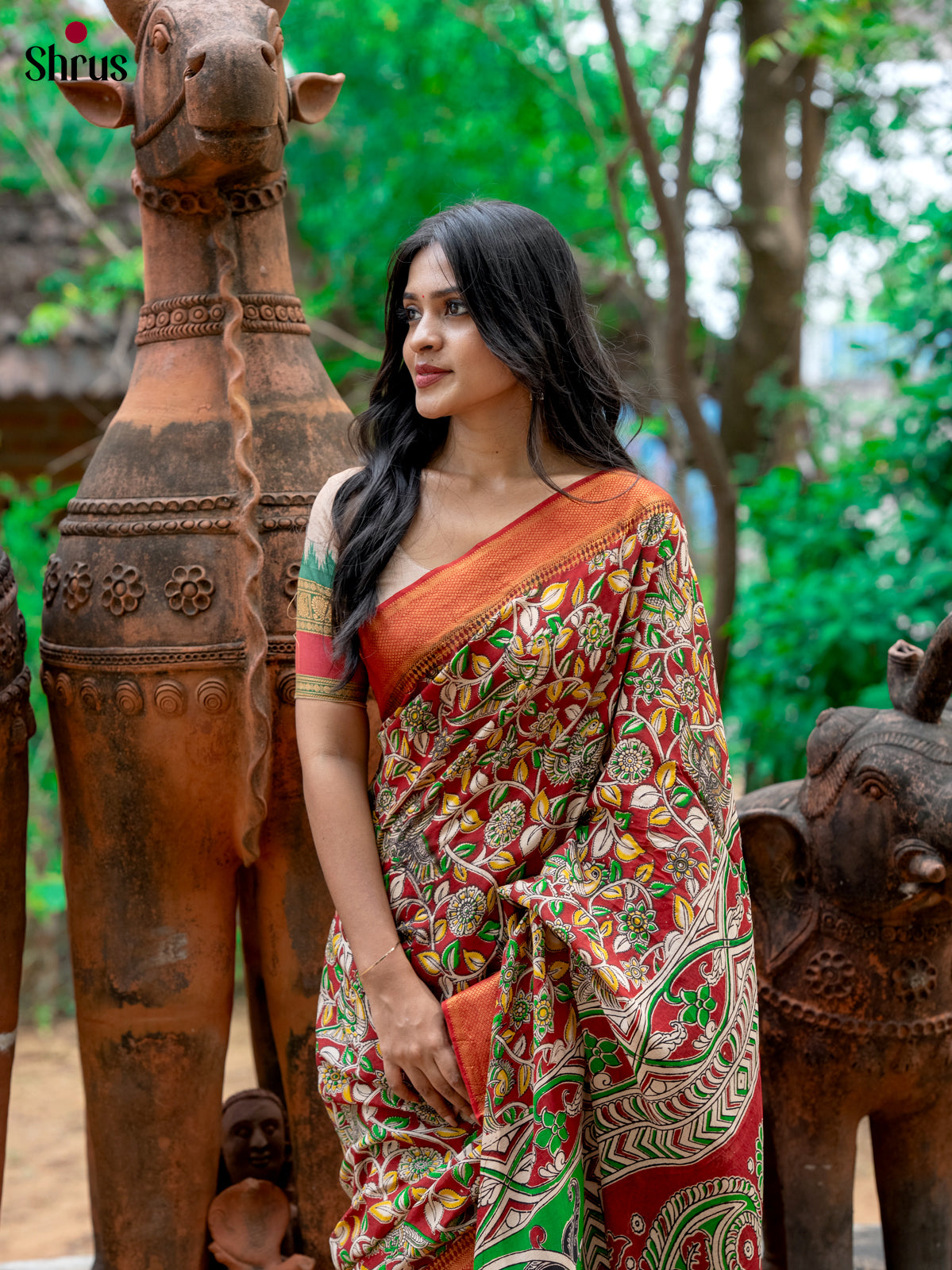 Red - chennur-kalamkari Saree - Shop on Shrus.com