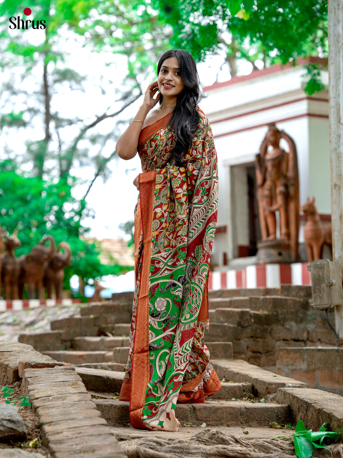 Red - chennur-kalamkari Saree - Shop on Shrus.com