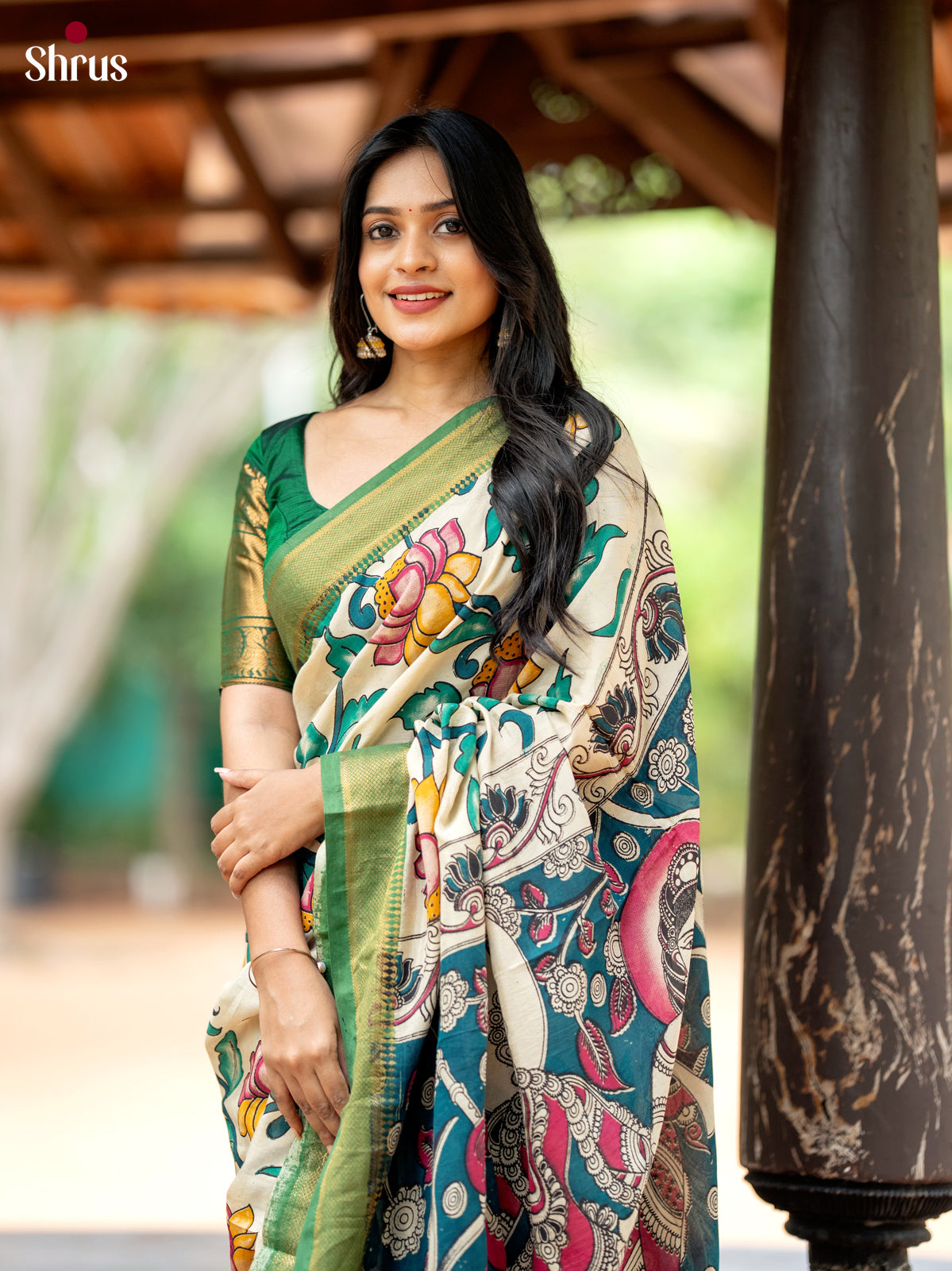 Cream with Green - chennur-kalamkari Saree - Shop on Shrus.com