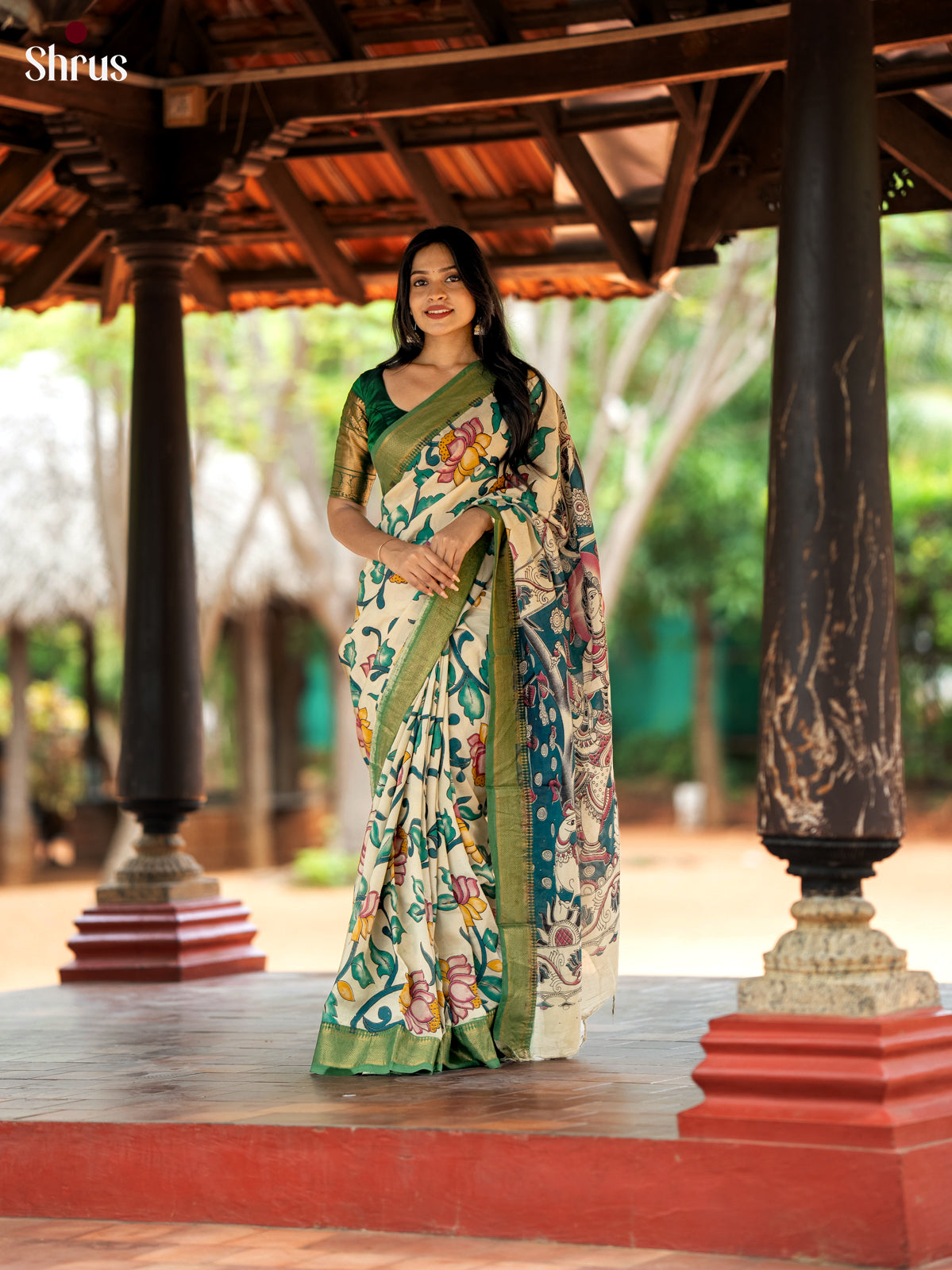 Cream with Green - chennur-kalamkari Saree - Shop on Shrus.com
