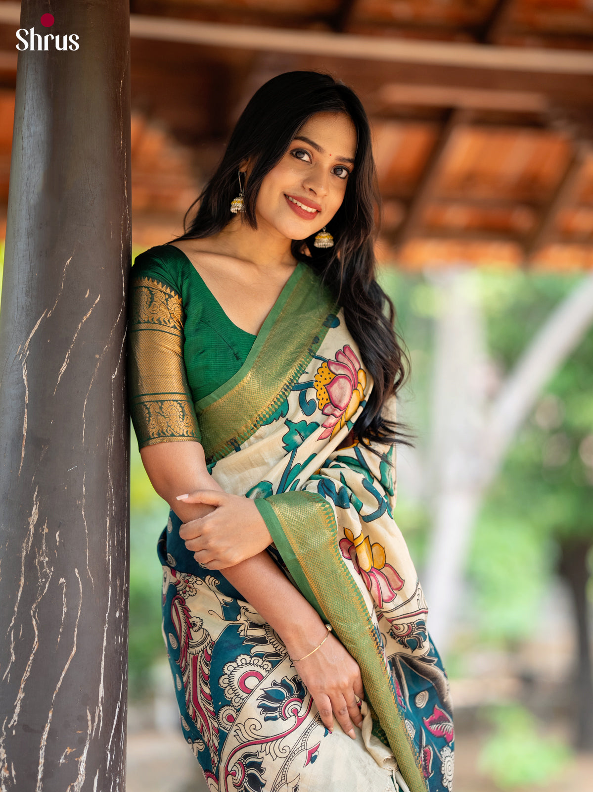 Cream with Green - chennur-kalamkari Saree - Shop on Shrus.com
