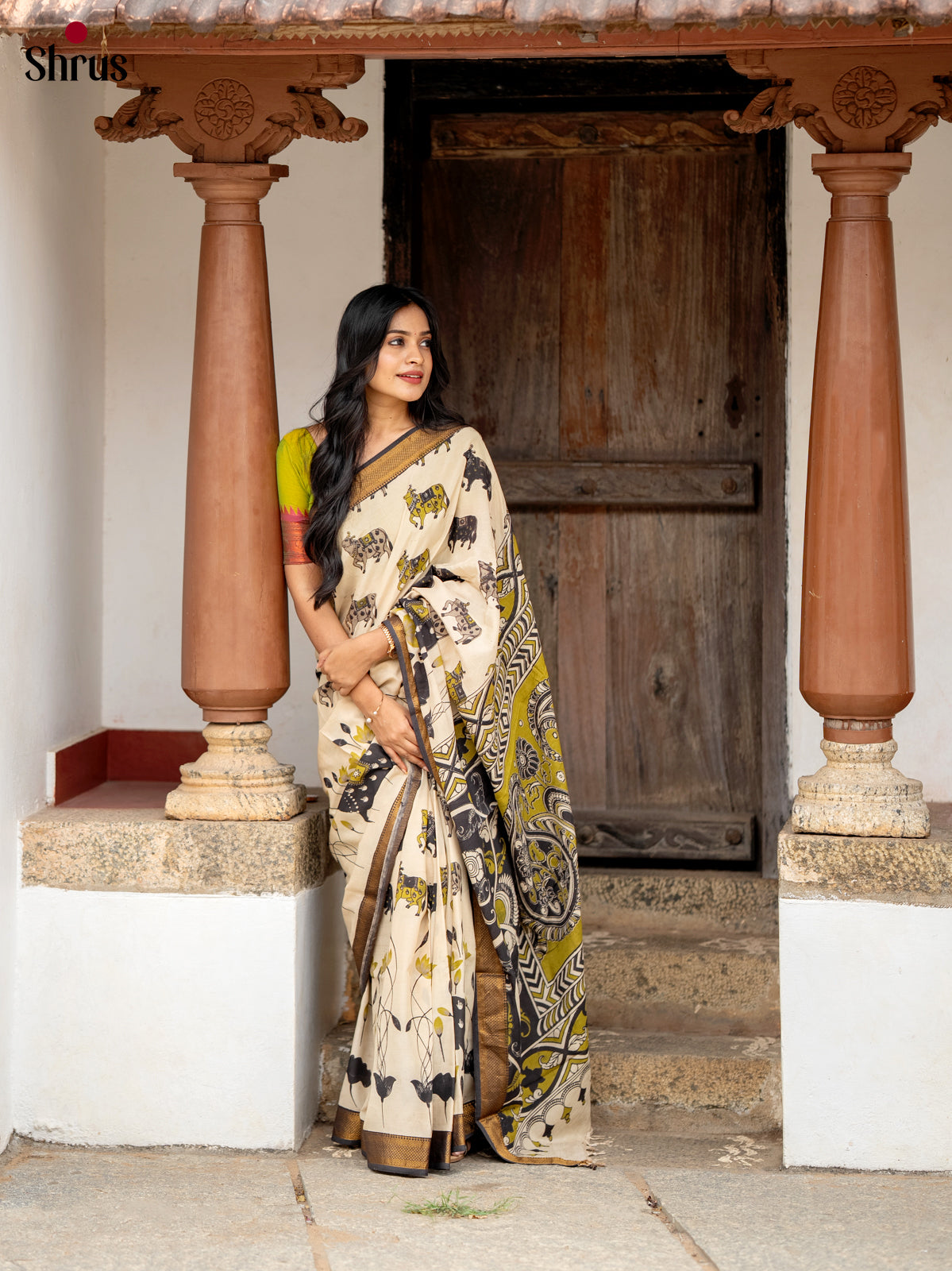 Cream & Black - chennur-kalamkari Saree - Shop on Shrus.com