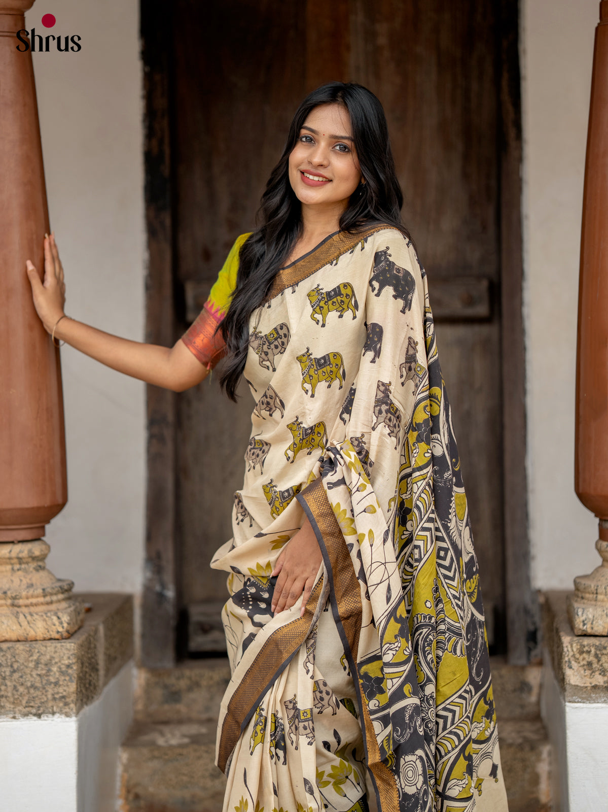 Cream & Black - chennur-kalamkari Saree - Shop on Shrus.com