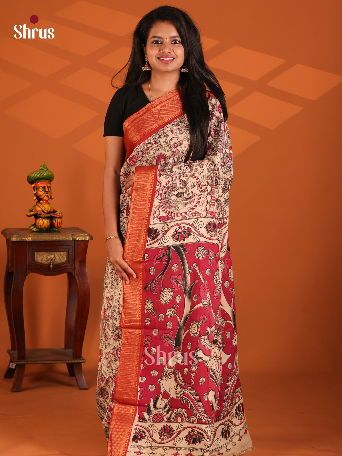 Cream with Red- chennur-kalamkari Saree - Shop on Shrus.com