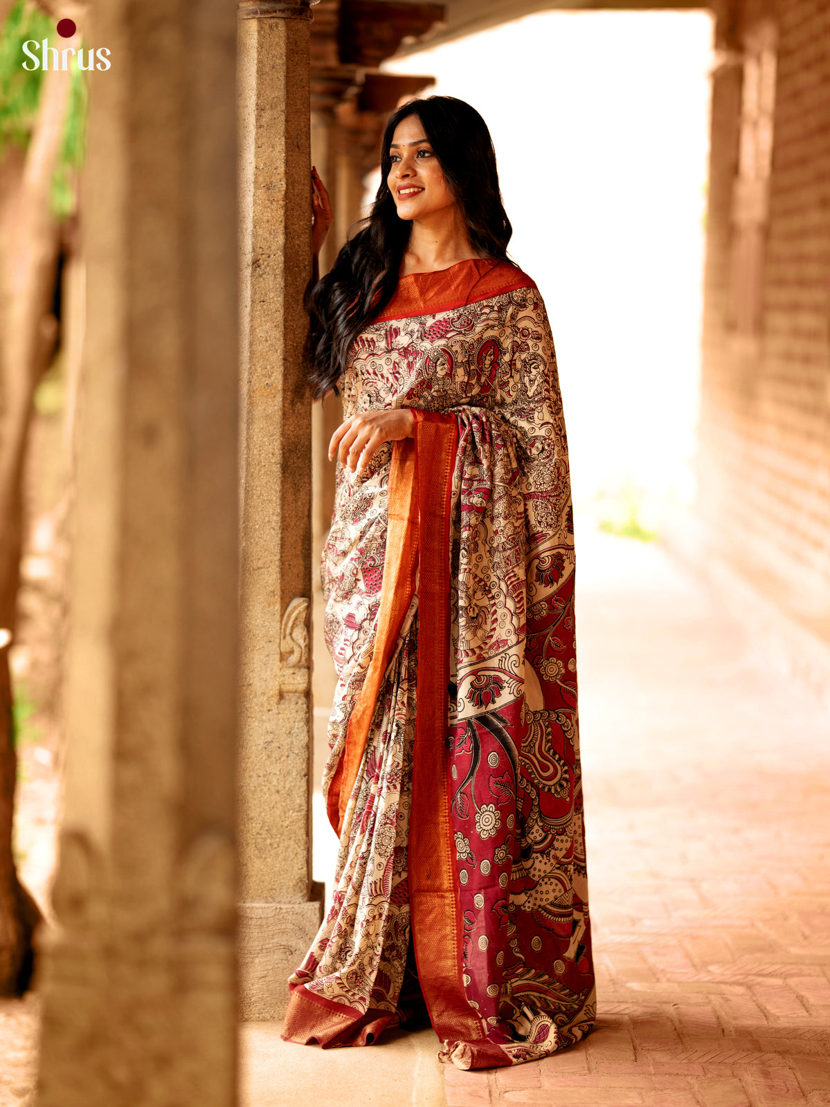 Cream with Red- chennur-kalamkari Saree - Shop on Shrus.com