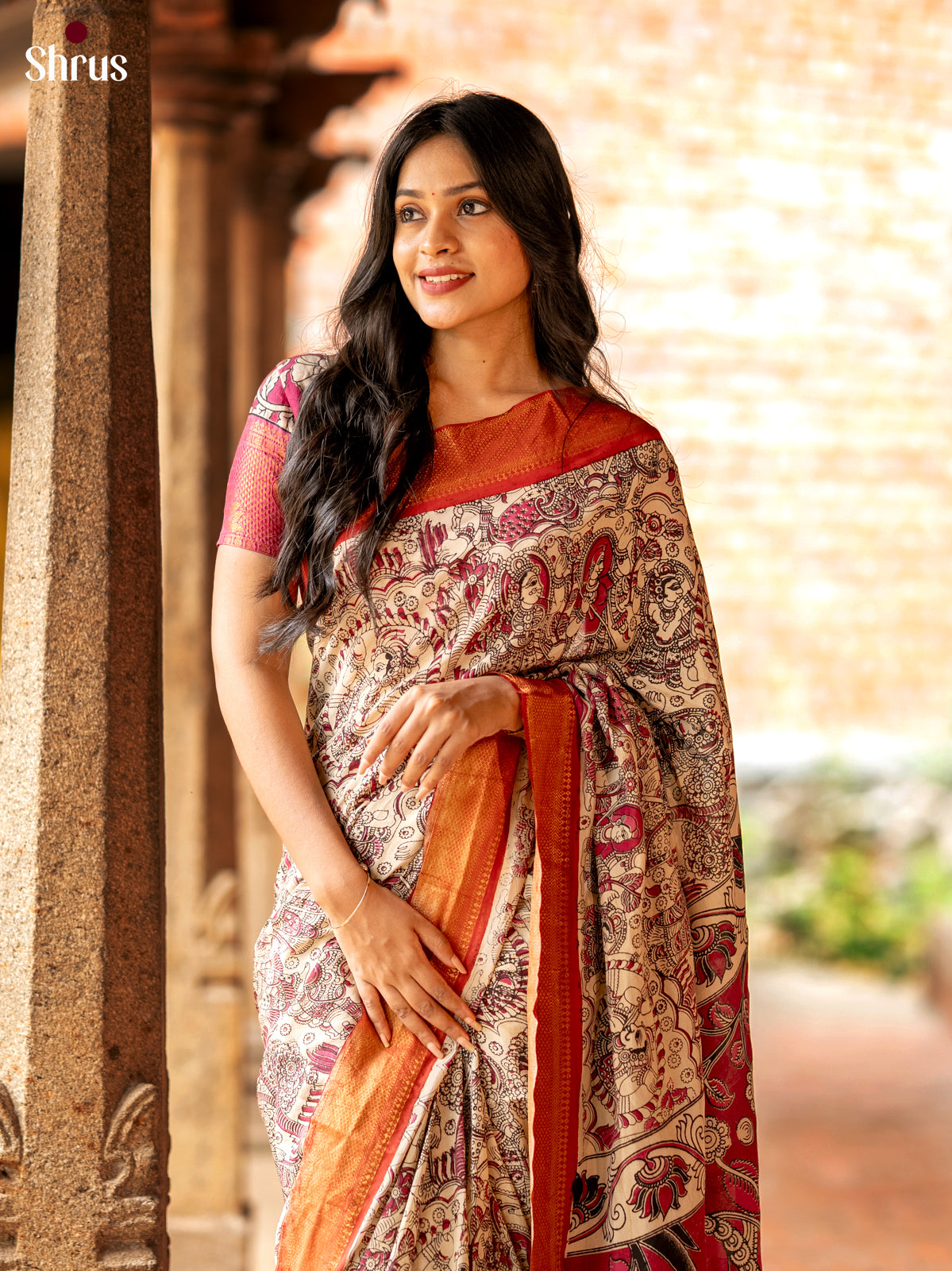 Cream with Red- chennur-kalamkari Saree - Shop on Shrus.com