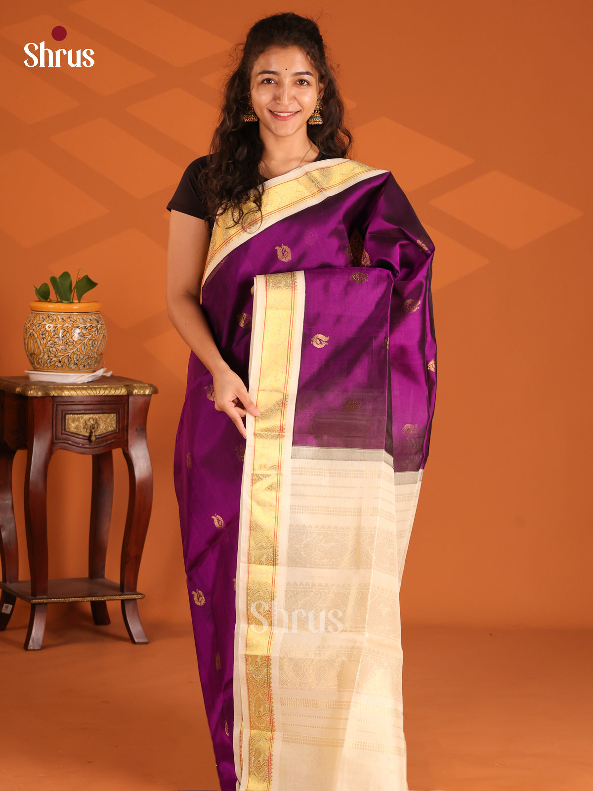 Vibrant Violet Silk Cotton Saree with gold zari floral buttas , cream brocade pallu - Shop on Shrus.com