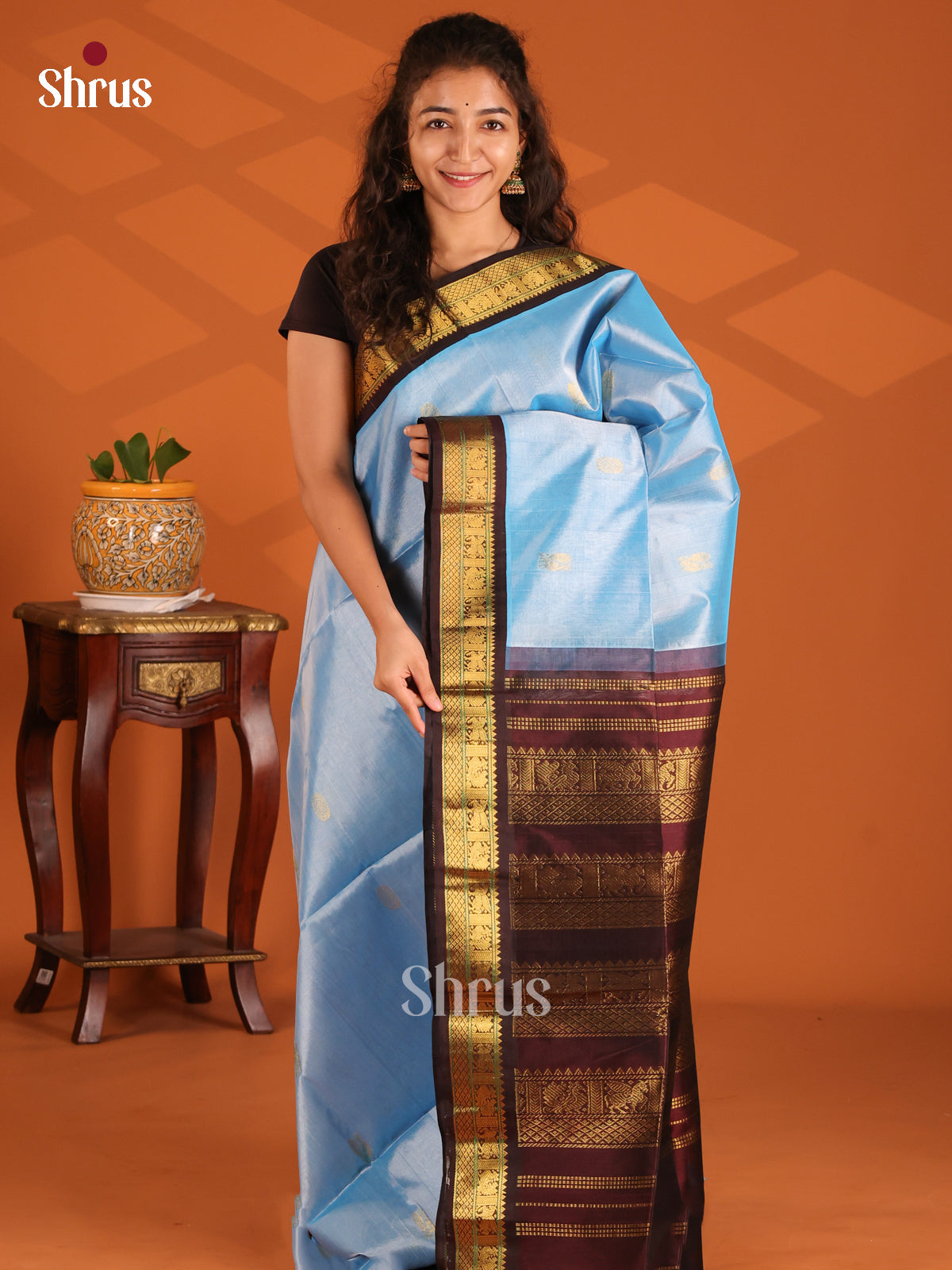 Elegant Sky Blue & Maroon Silk Cotton Saree with Rich Zari Border - Shop on Shrus.com