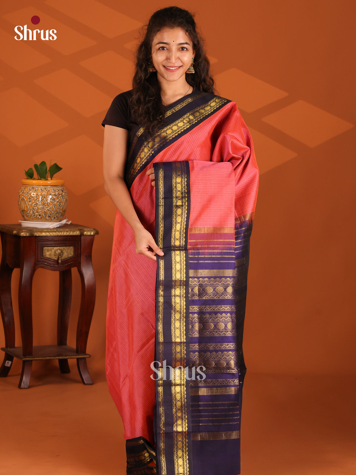 Charming Pink Silk Cotton Saree with zari checks & blue rettaipet zari border - Shop on Shrus.com
