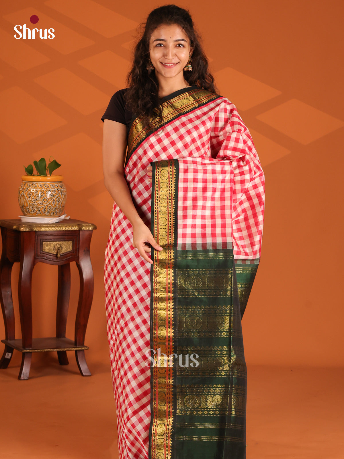 Fabulous Red & Cream Silk Cotton Saree with Checks & green border with peacock buttis - Shop on Shrus.com