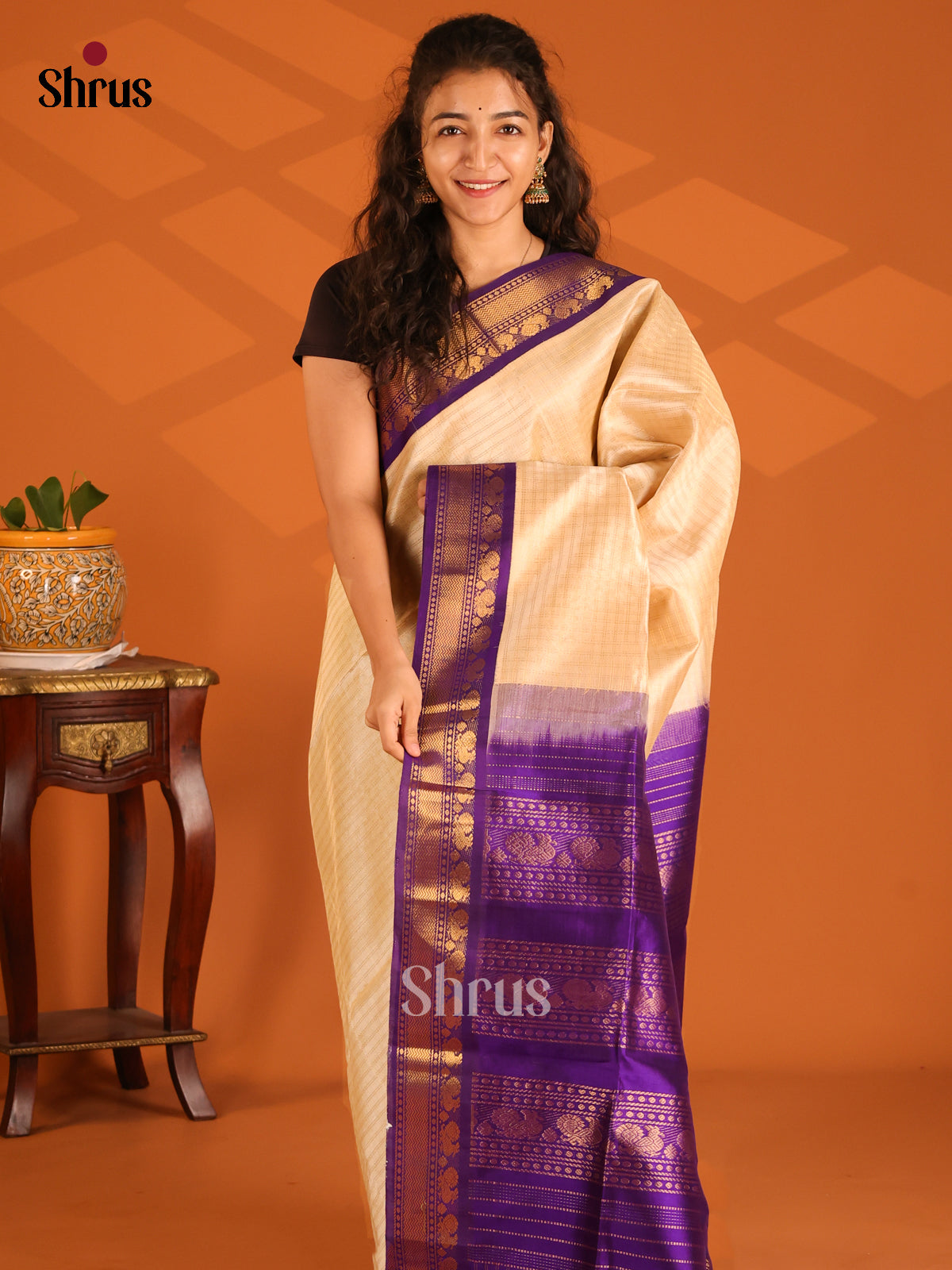 Charming Cream Silk Cotton Saree with Subtle Zari Checks & Violet Brocade Pallu - Shop on Shrus.com