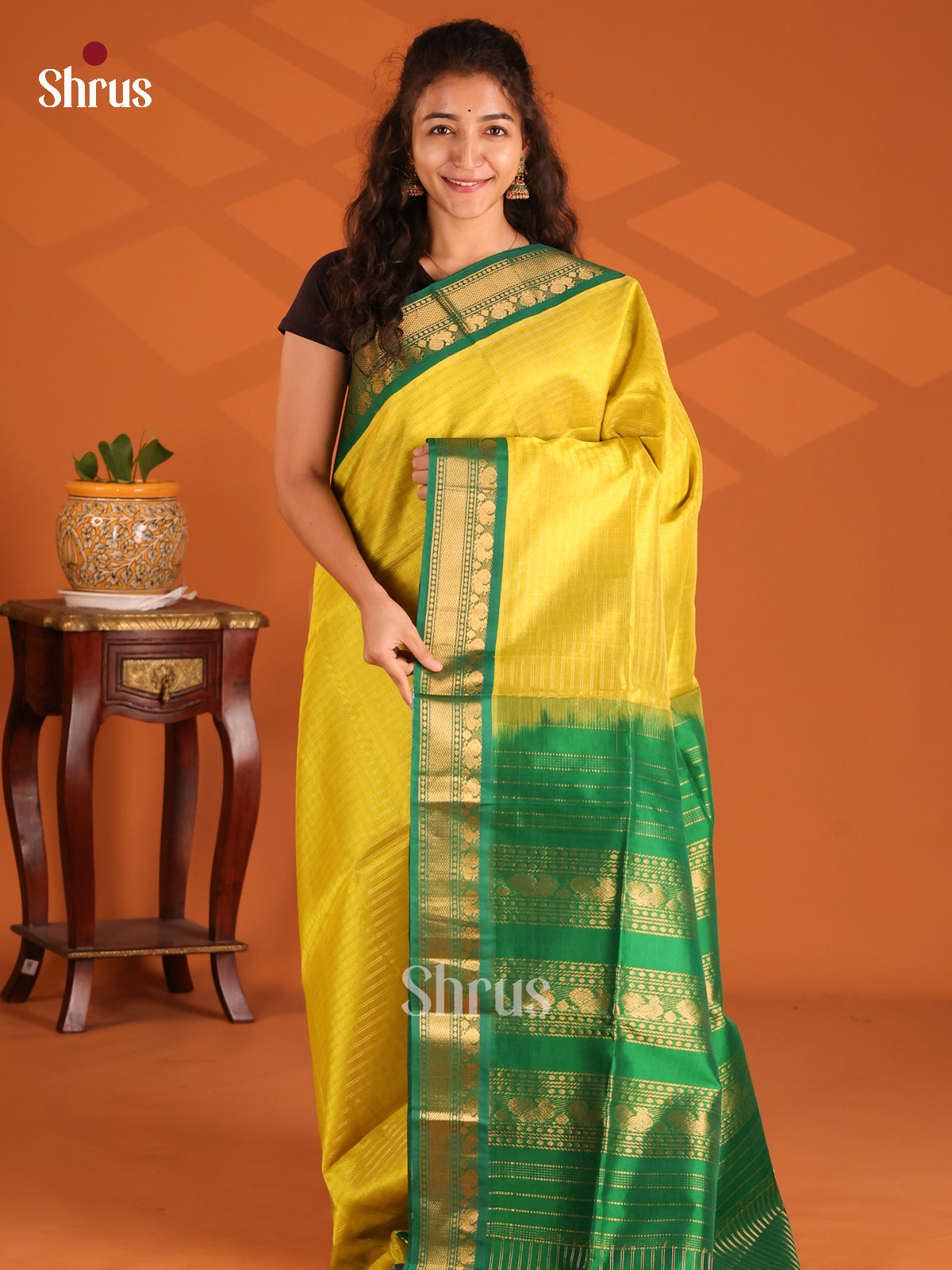 Stunning Lemon Yellow Silk Cotton Saree with Golden Checks and Green Zari Border - Shop on Shrus.com