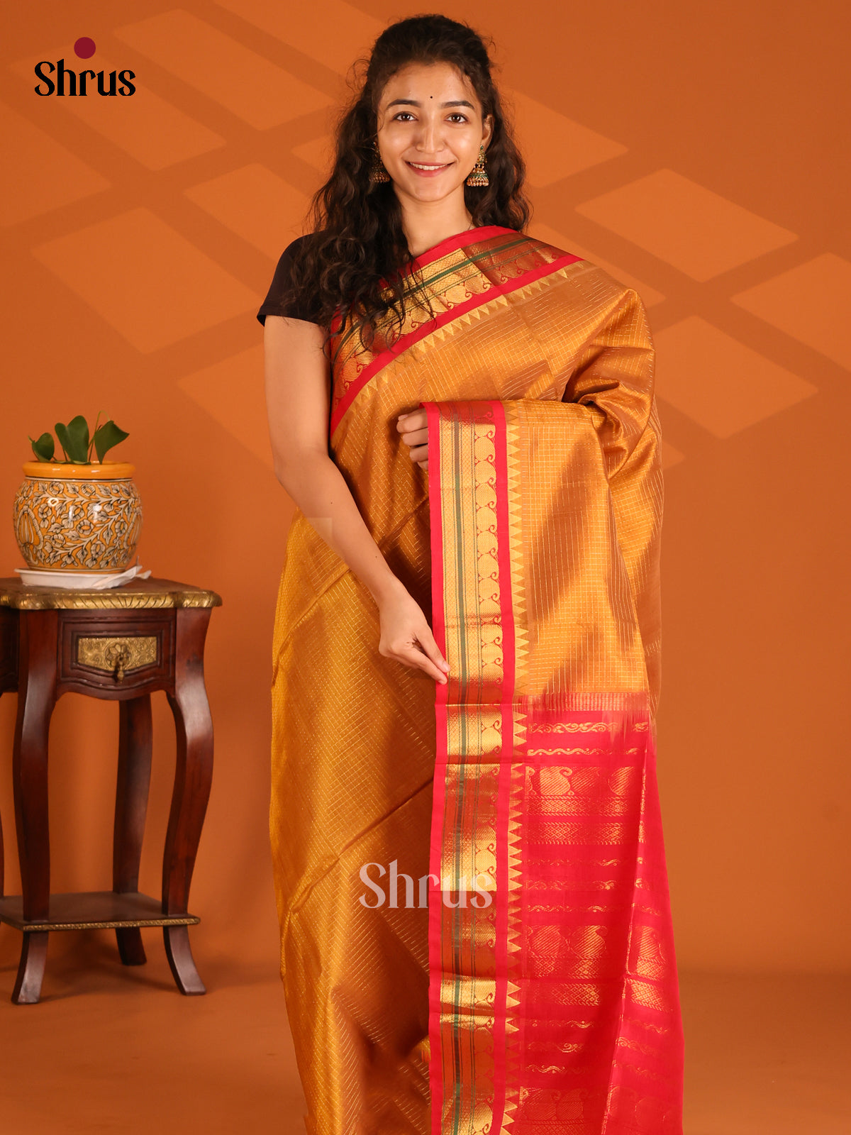 Sophisticated Mustard Silk Cotton Saree Featuring Gold Checks & Contrast Red Border - Shop on Shrus.com