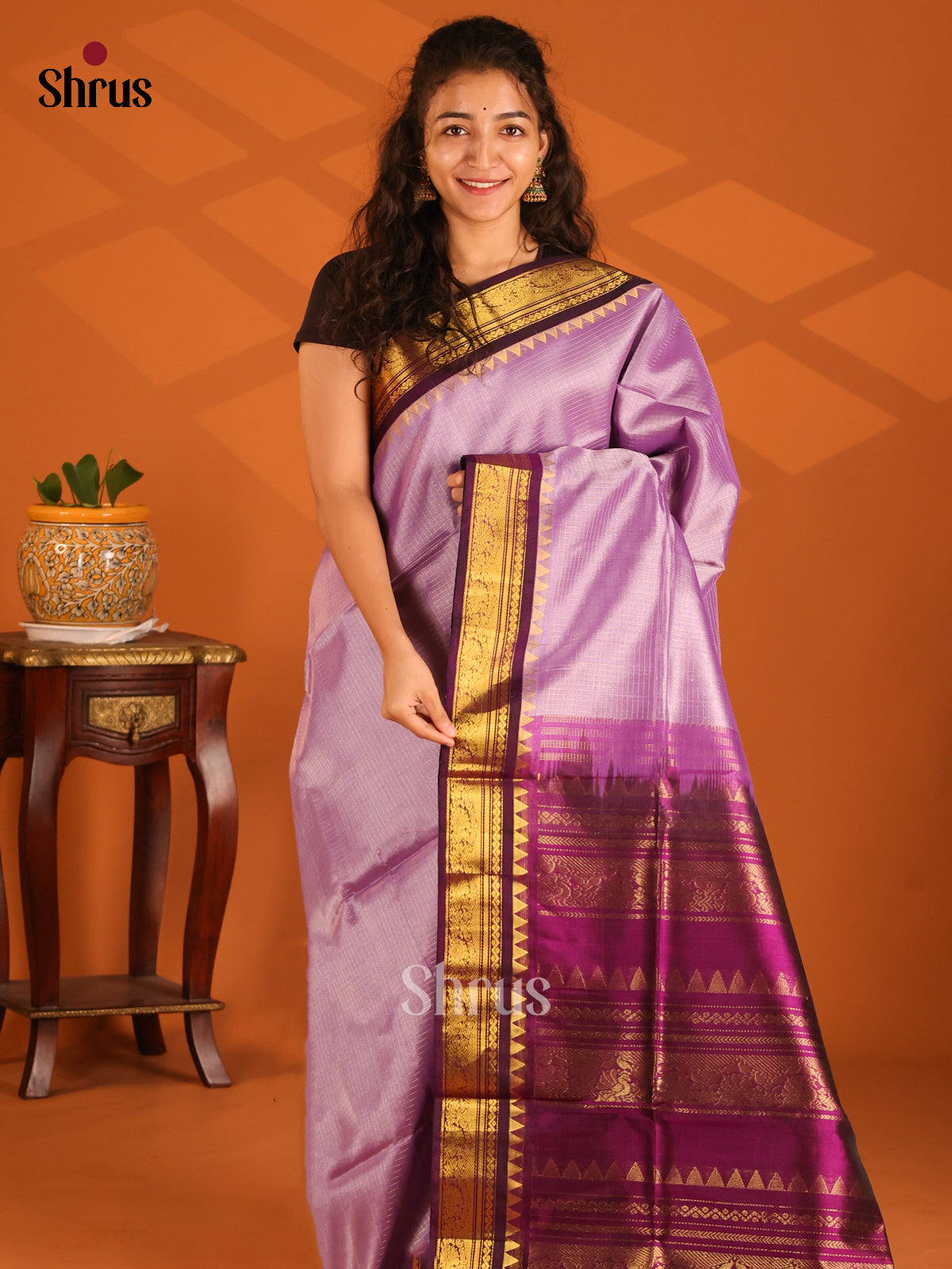 Majestic Lavender Silk Cotton Saree with zari podi kattam & contrast Purple Zari Border - Shop on Shrus.com