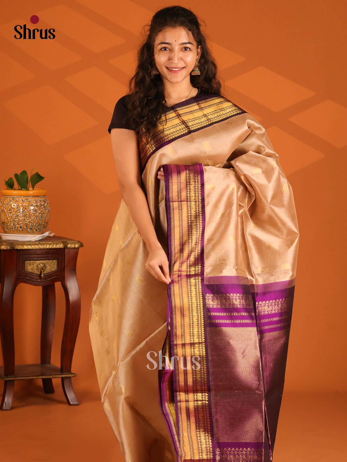 Beige & Violet  Silk Cotton Saree with zari floral buttas - Shop on Shrus.com