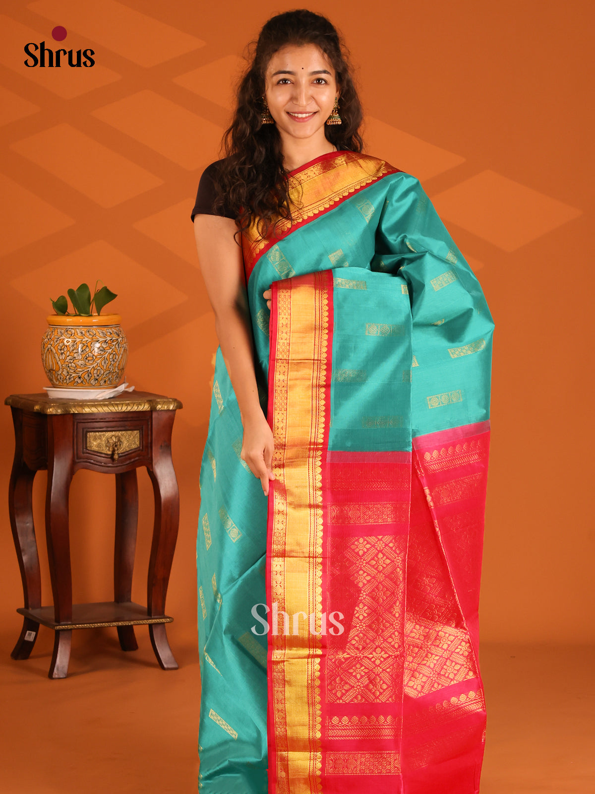 Teal Blue Silk Cotton Saree with Zari Motifs & Red Brocade Border