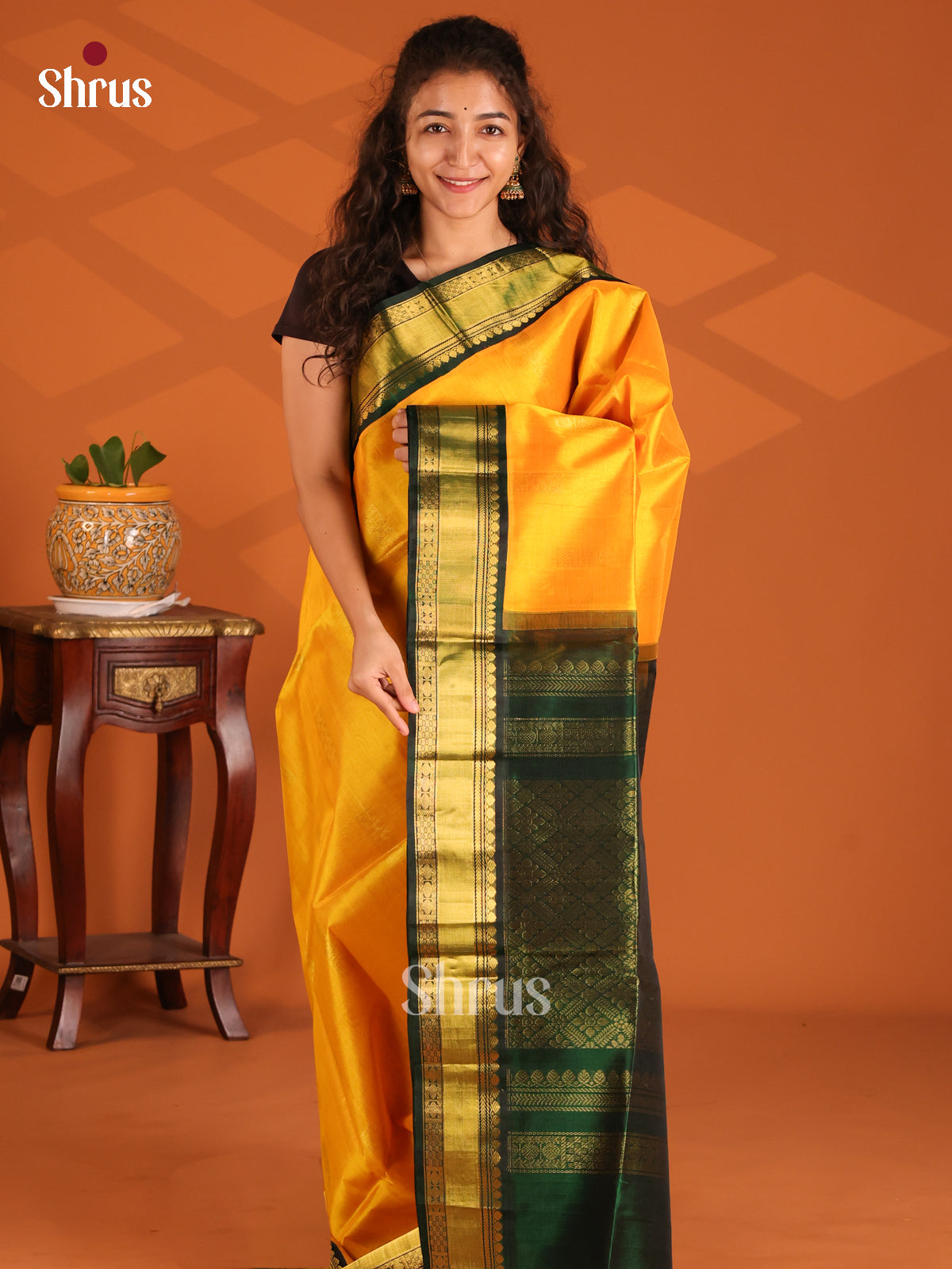 Yellow and Green Silk Cotton Saree with floral brocade pallu - Shop on Shrus.com