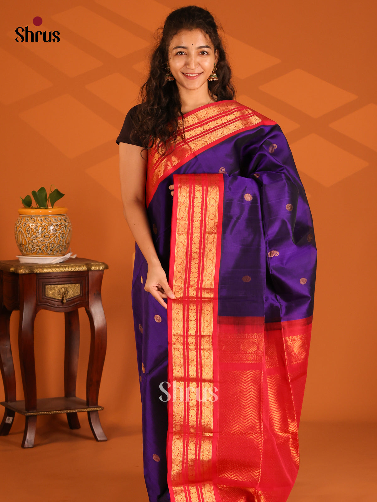Violet  Silk Cotton Saree with rudraksham buttas & Contrast Red Zari border - Shop on Shrus.com