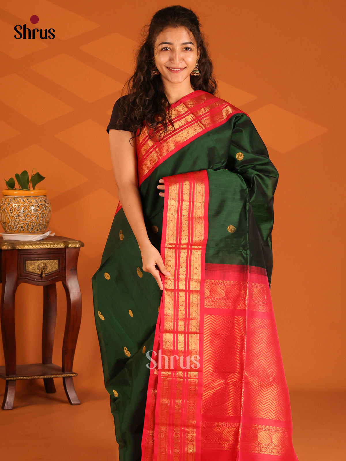 Classy Bottle Green Silk Cotton Saree with gold zari rudraksham buttas , Red zari border - Shop on Shrus.com