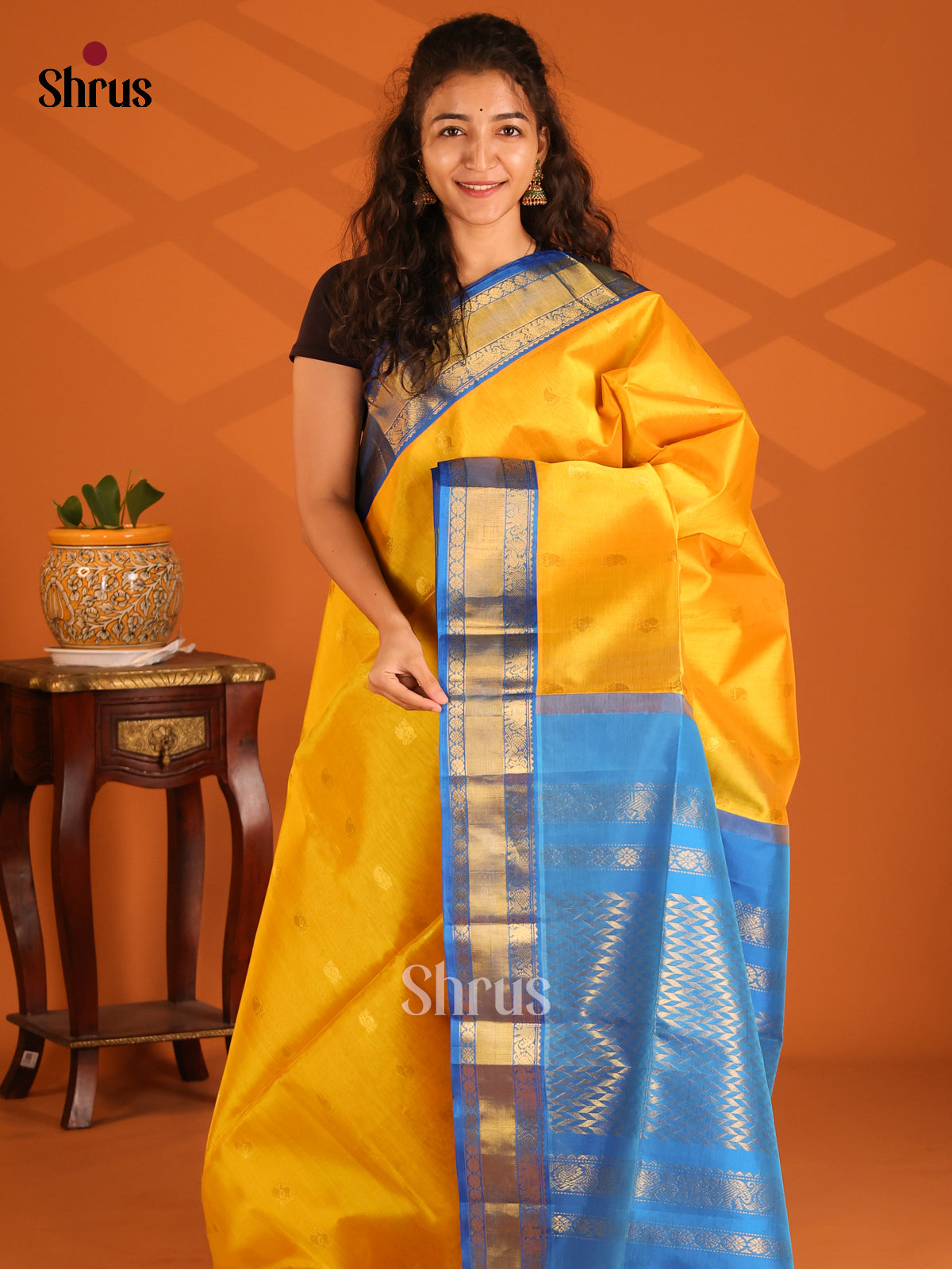 Bold Yellow Silk Cotton Saree with gold zari peacock buttas , blue zari brocade pallu - Shop on Shrus.com
