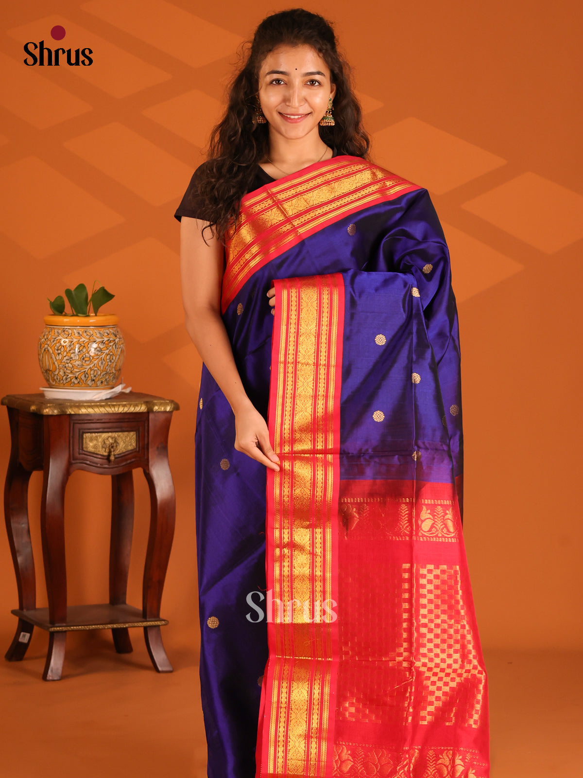 Graceful Blue Silk Cotton Saree with gold zari rudraksham buttas , Red zari woven pallu - Shop on Shrus.com