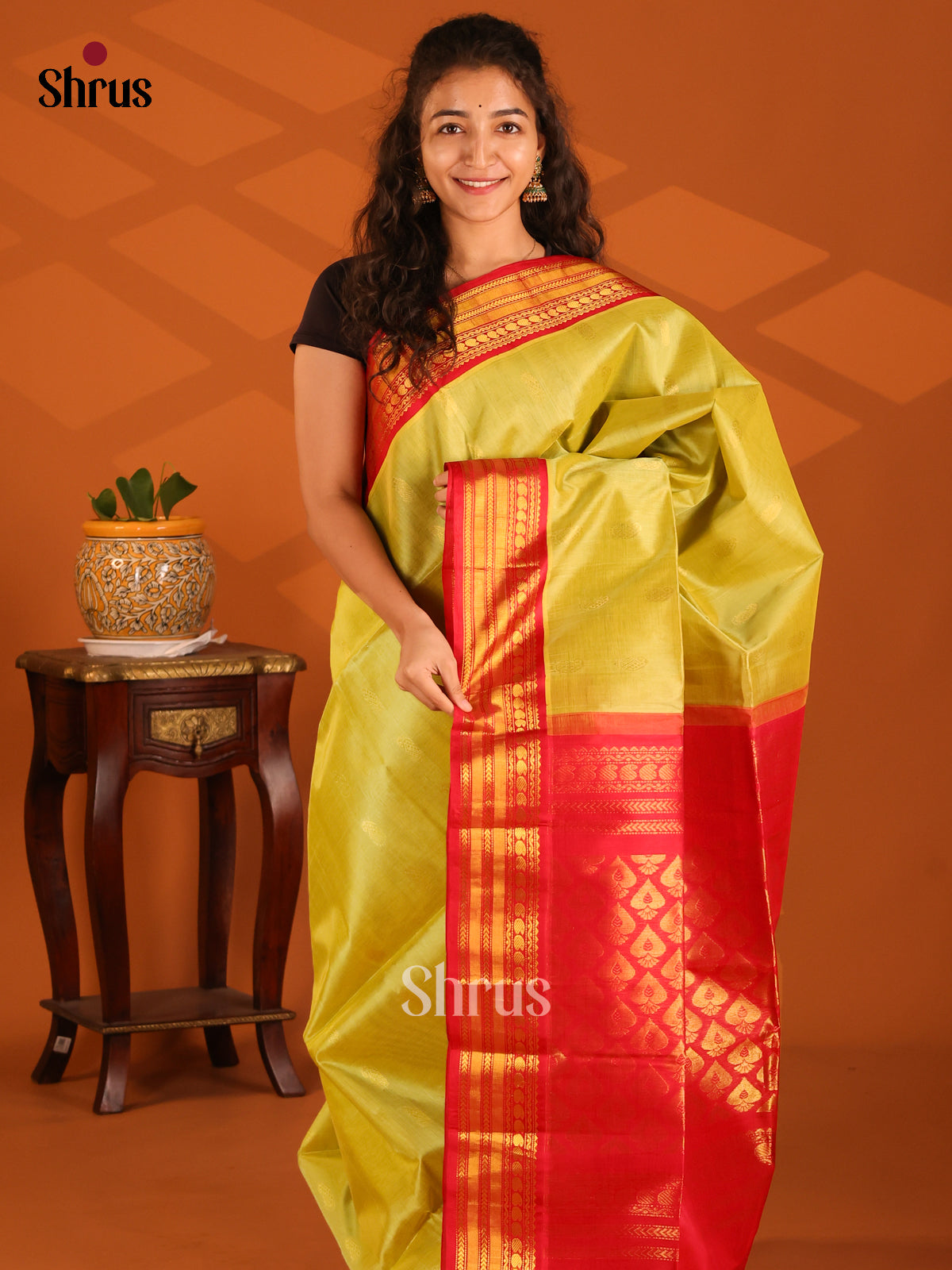 Lime Green Silk Cotton Saree with gold zari manga buttas , contrast Red zari border - Shop on Shrus.com