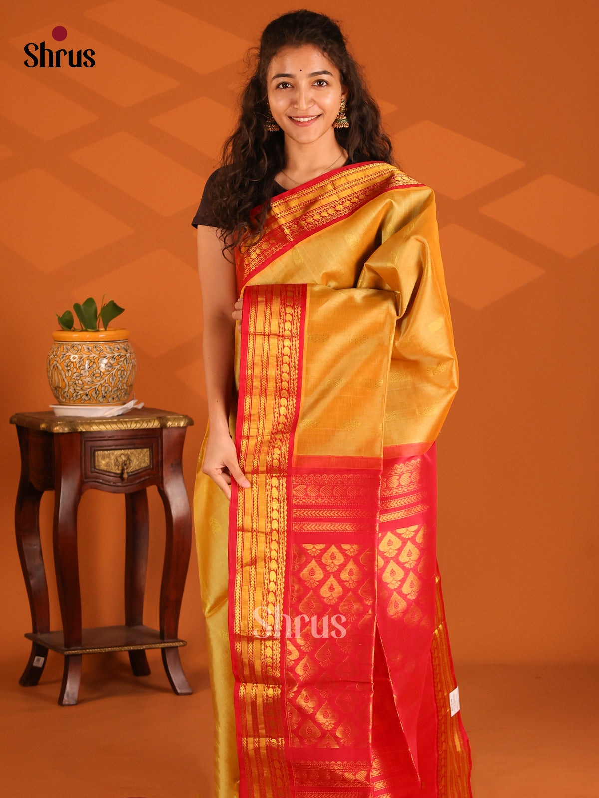 Luminous Mustard Silk Cotton Saree with gold zari buttas ,contrast Red zari brocade  pallu - Shop on Shrus.com