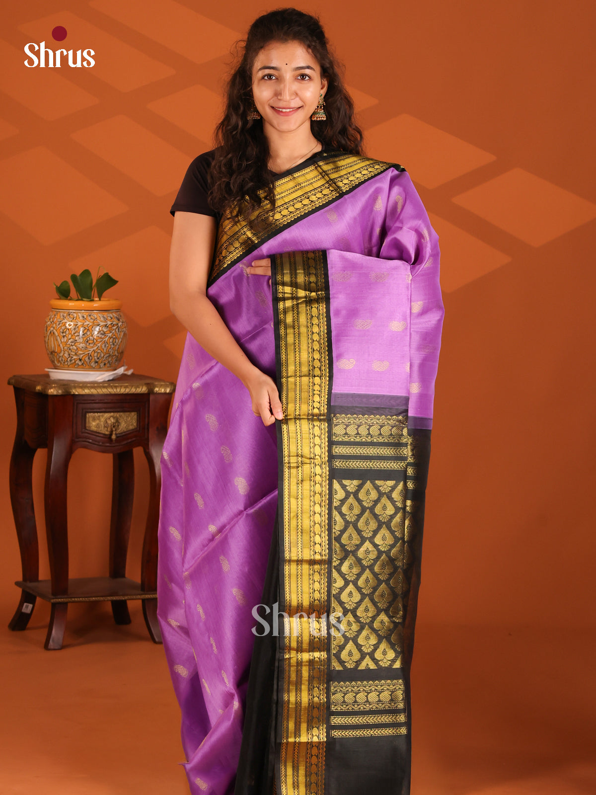 Regal Purple Silk Cotton Saree with golden manga buttas & black floral brocade pallu - Shop on Shrus.com