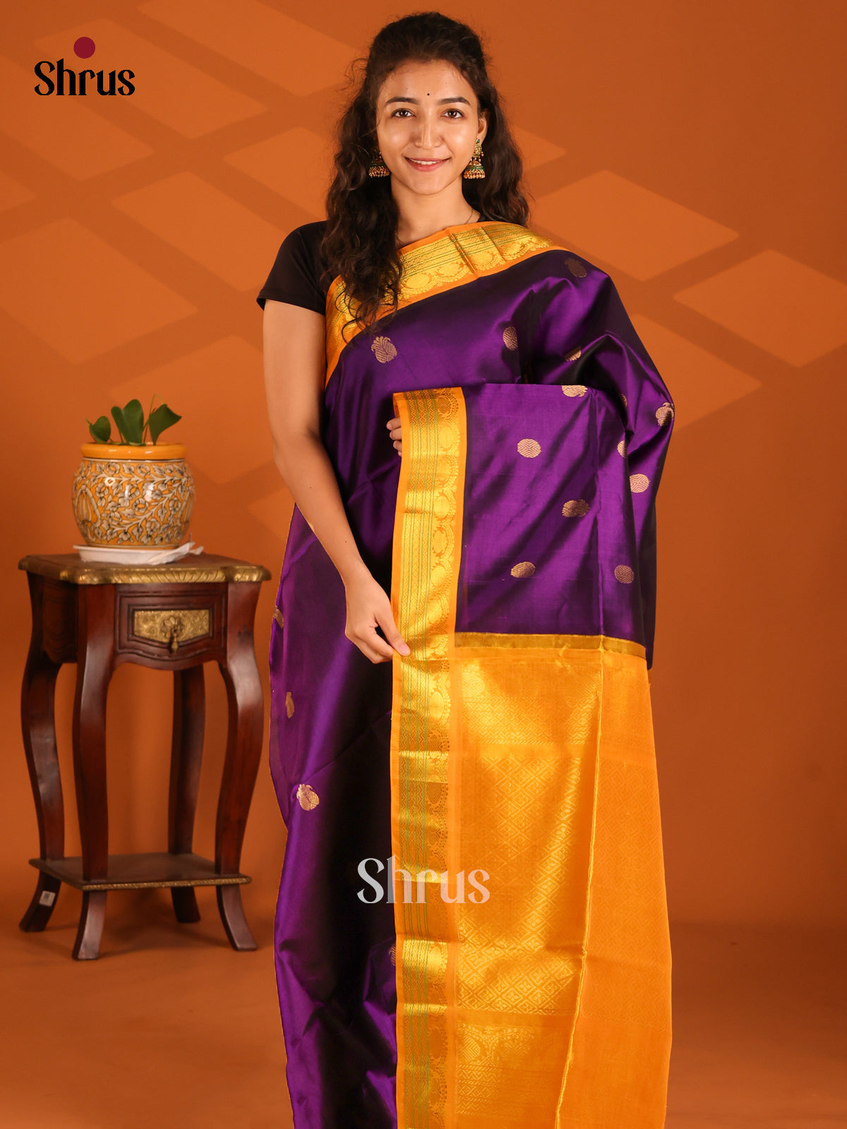 Ethereal Violet Silk Cotton Saree with gold zari buttas , contrast floral vine border - Shop on Shrus.com