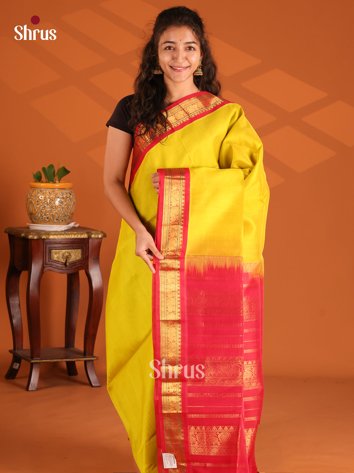 Luminous Yellow Silk Cotton Saree with contrast Red zari Border - Shop on Shrus.com