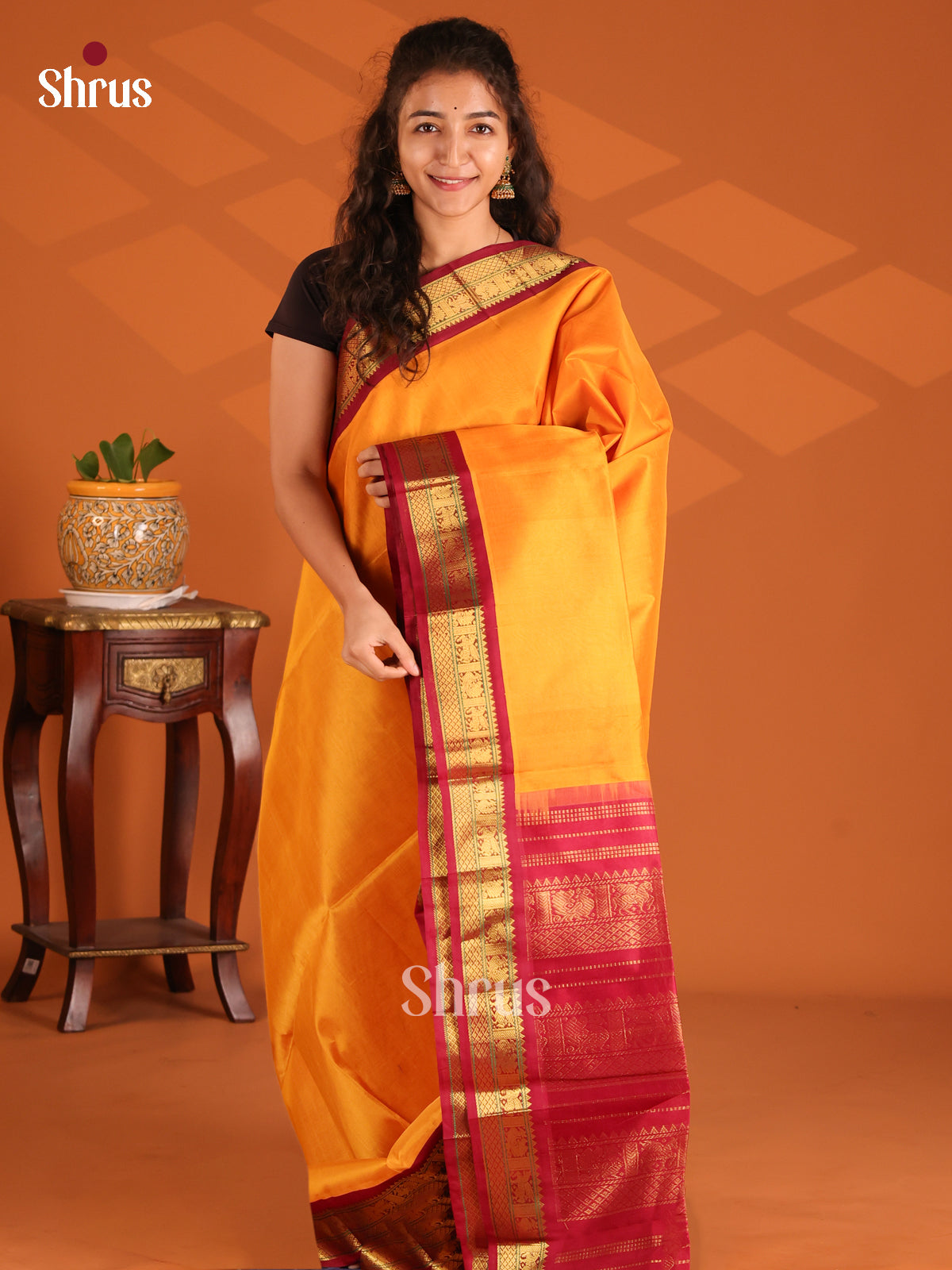 Glorious Mambala Yellow Silk Cotton Saree with contrast Maroon zari brocade Pallu - Shop on Shrus.com