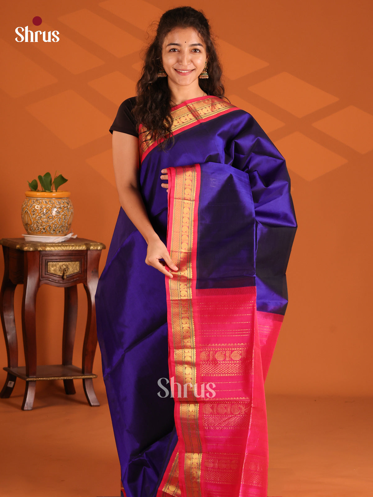 Vibrant Blue  Silk Cotton Saree with contrast Maroon zari border - Shop on Shrus.com