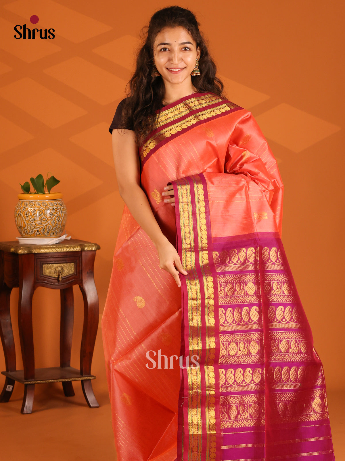 Radiant Peach Silk Cotton Saree with Zari Stripes & Magenta Zari Pallu - Shop on Shrus.com
