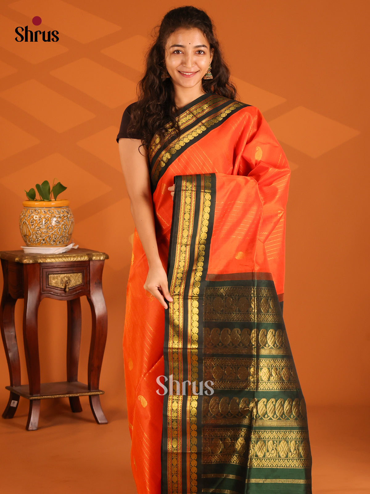 Vibrant Orange Silk Cotton Saree with Zari Stripes, Manga Buttas & Green Pallu - Shop on Shrus.com