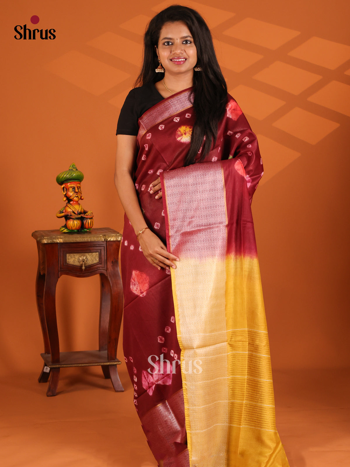 Maroon with mustard - shibori saree - Shop on Shrus.com