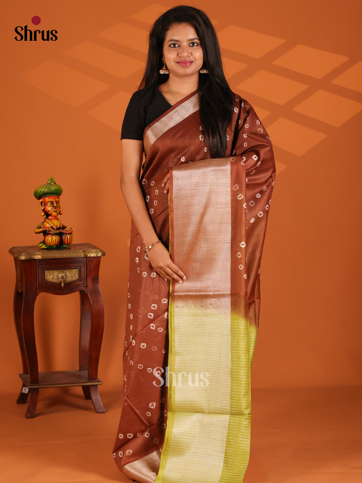 Brown With Green- shibori saree - Shop on Shrus.com