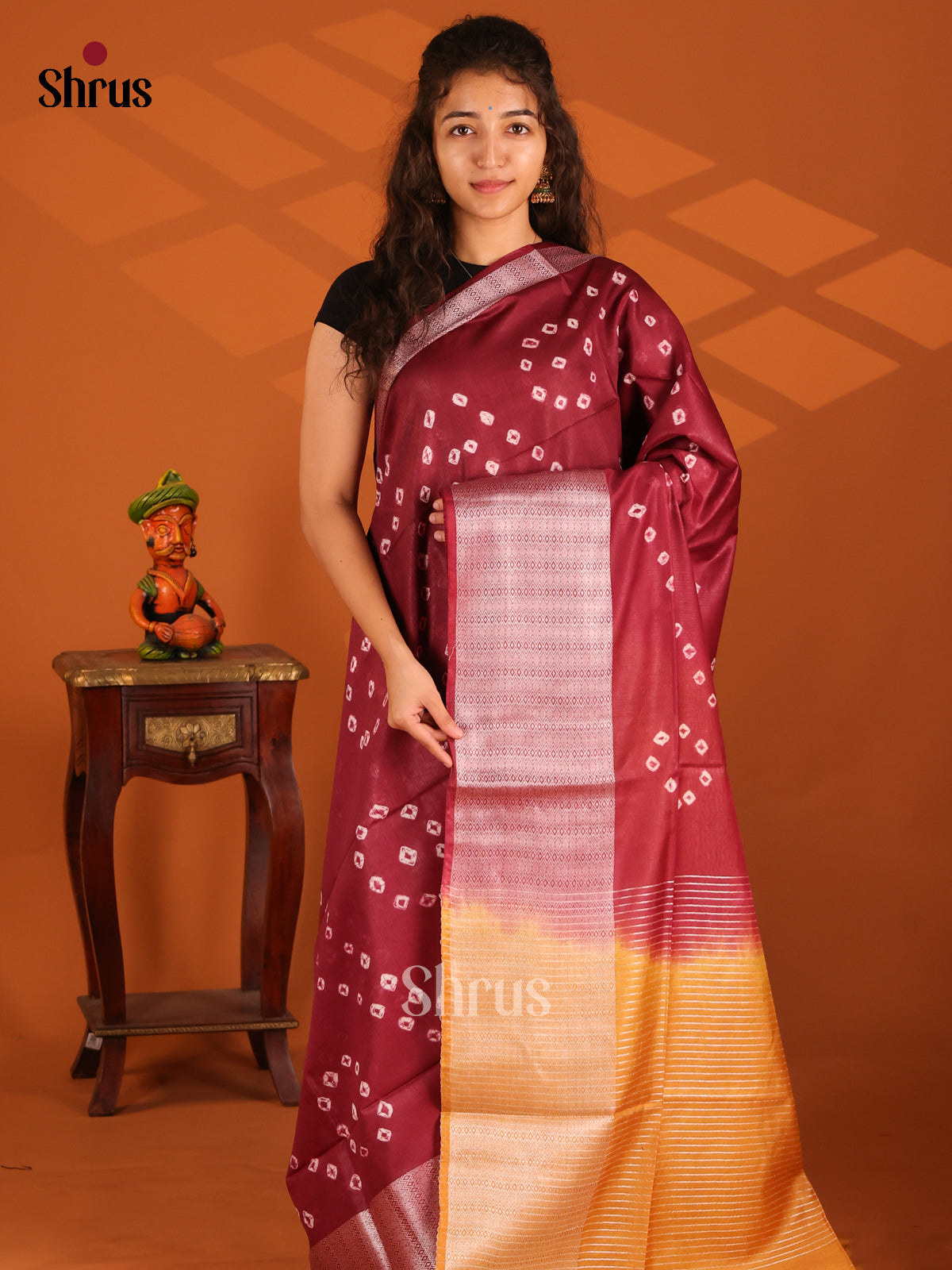 Maroon with Brick - Shibori Saree - Shop on Shrus.com
