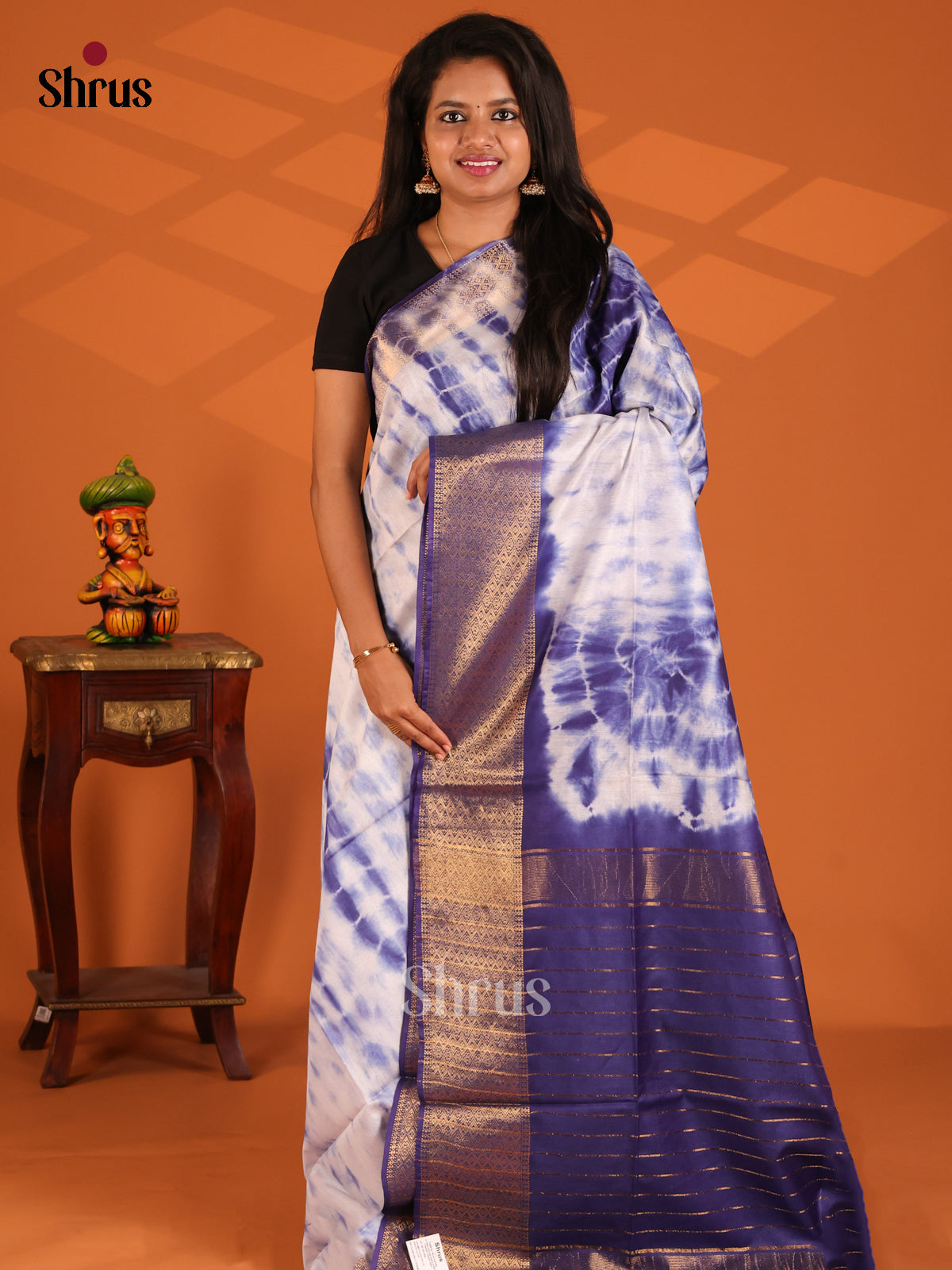 Cream & Blue- shibori saree - Shop on Shrus.com