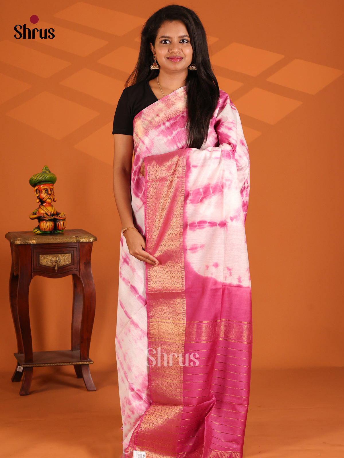 Cream & Pink- shibori saree - Shop on Shrus.com