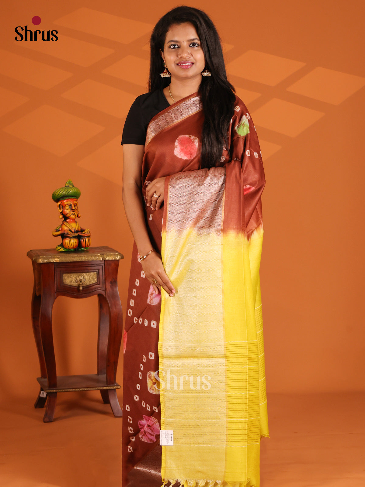 Brown with Yellow - shibori saree - Shop on Shrus.com